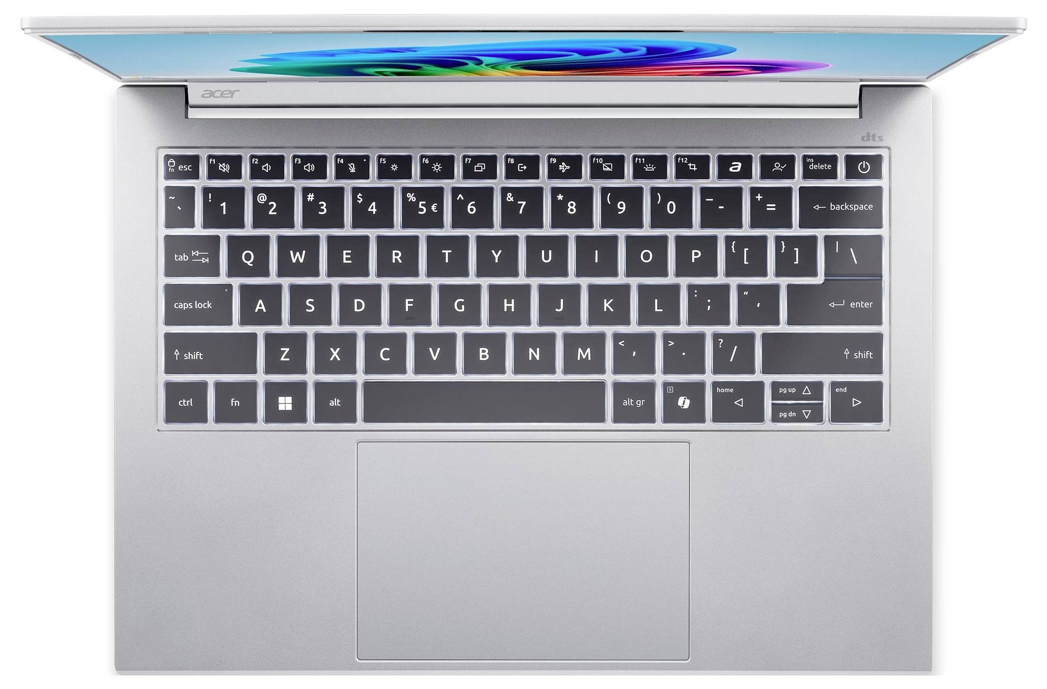 Draufsicht auf einen offenen silbernen Acer-Laptop, der die Tastatur, ein großes Trackpad und eine farbenfrohe Bildschirmkante zeigt.
