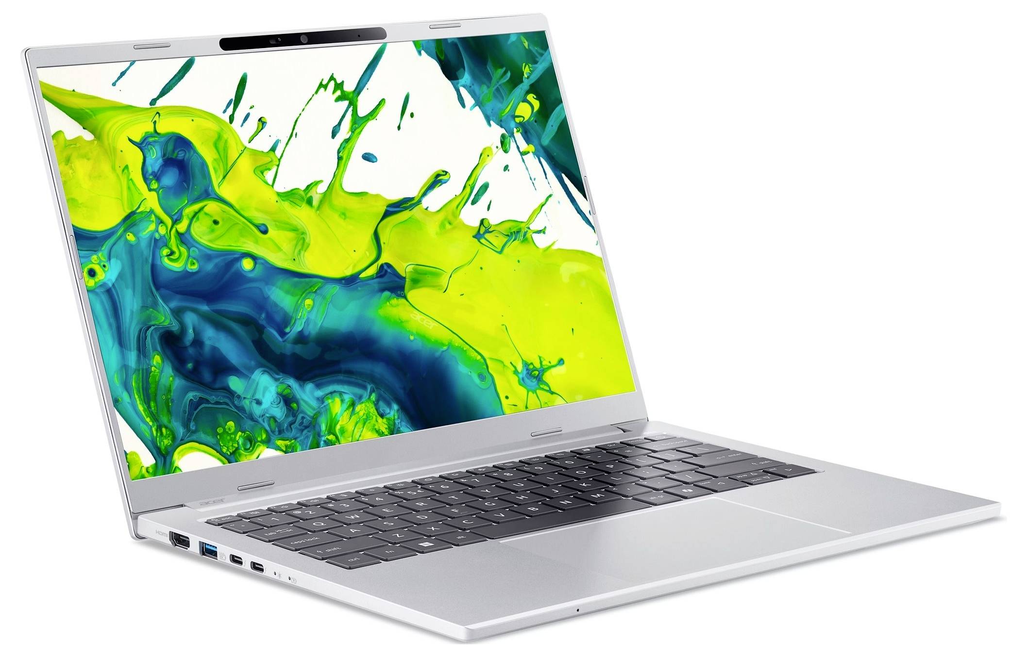 Silberner Laptop in einem Winkel geöffnet, zeigt ein helles abstraktes grün und blau flüssiges Hintergrund auf dem Bildschirm.