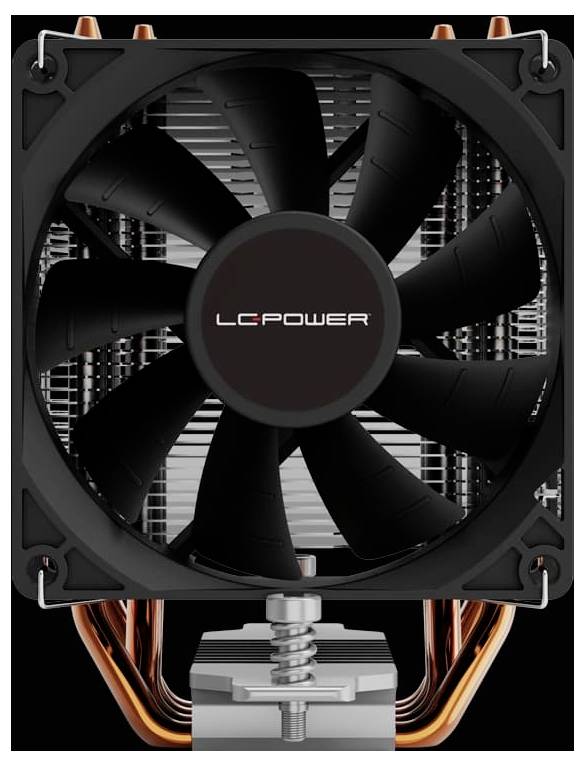 Nahaufnahme eines LC-Power-CPU-Kühlers mit großem schwarzem Lüfter, kupfernen Wärmerohr und metallischer Montageklammer.