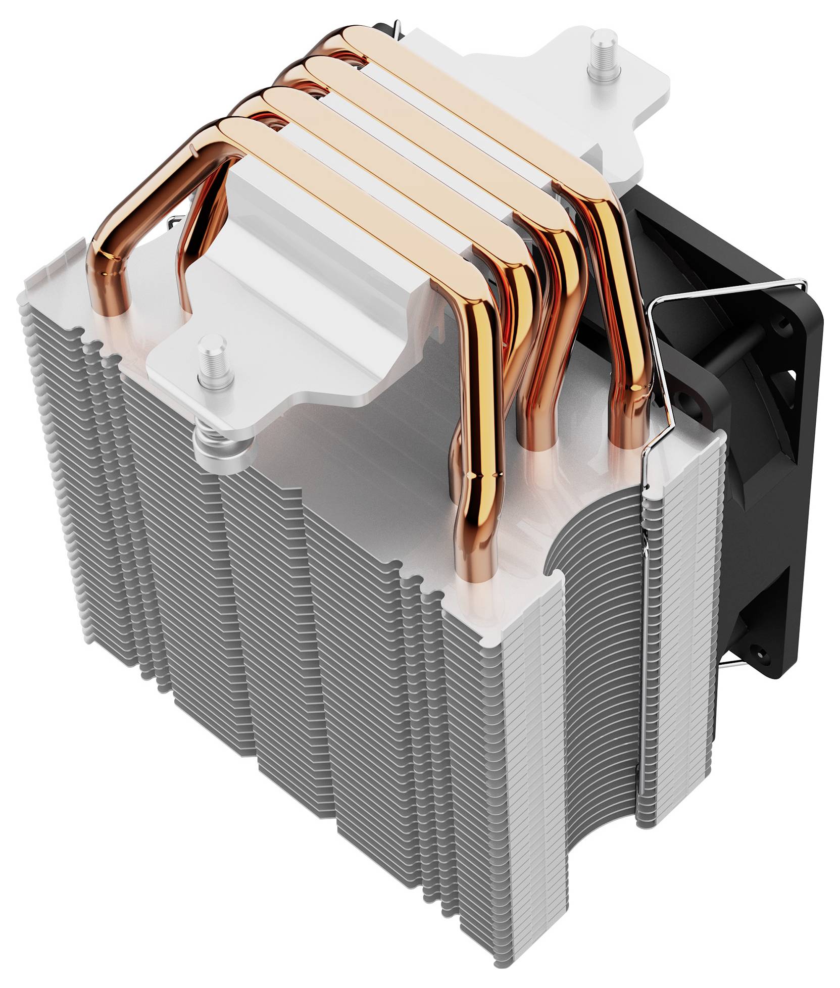 Ein metallischer CPU-Kühler mit Kupfer-Wärmerohr und Aluminium-Lamellen, entwickelt für effiziente Wärmeableitung, aus einer Draufsicht betrachtet.