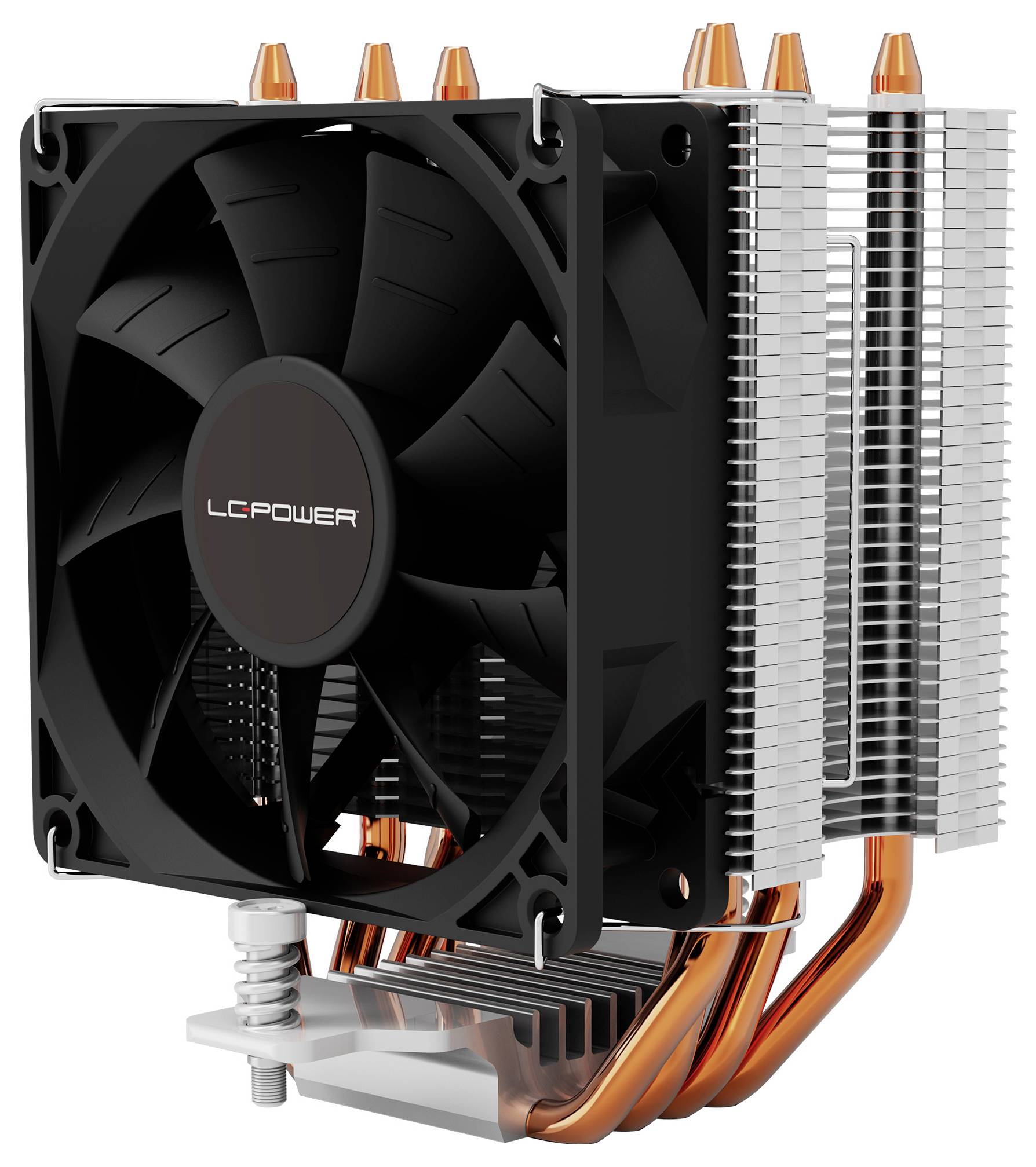 Ein schwarzer Kühlventilator und Metallkühlkörper für einen Computer mit Kupferwärmerohr und „LC Power