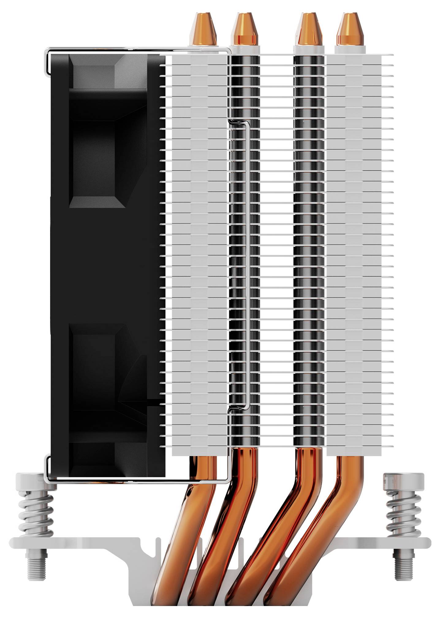 Ein CPU-Kühler mit drei Kupfer-Wärmerohrn, Aluminium-Kühlrippen und einem schwarzen Lüfter. Konzipiert für effiziente Wärmeableitung von Prozessoren.