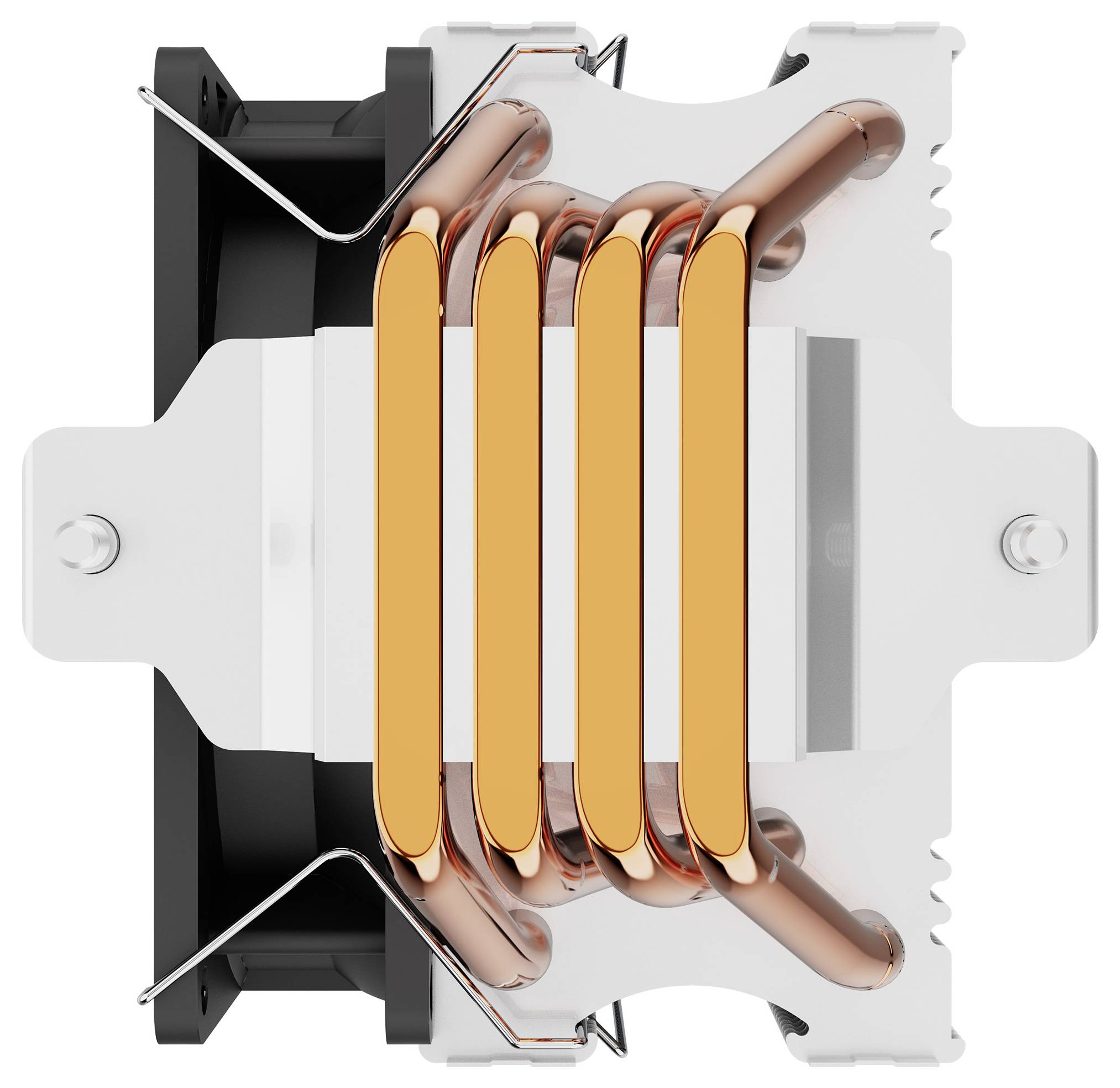 Kupfer-Wärmerohr und Aluminium-Kühlrippen eines CPU-Kühlers, entwickelt für eine effiziente Wärmeableitung von Computerprozessoren.