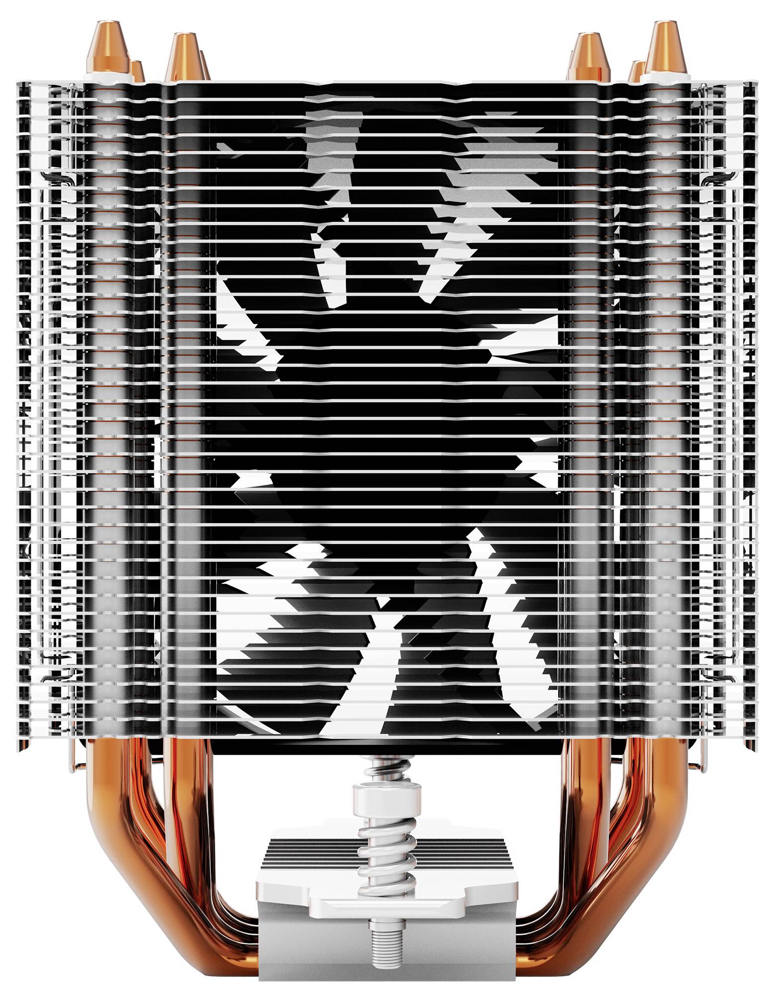 Ein Computer-CPU-Kühler mit vertikalen Aluminium-Lamellen und sichtbaren Kupfer-Wärmerohrern, entwickelt für effiziente Wärmeableitung.
