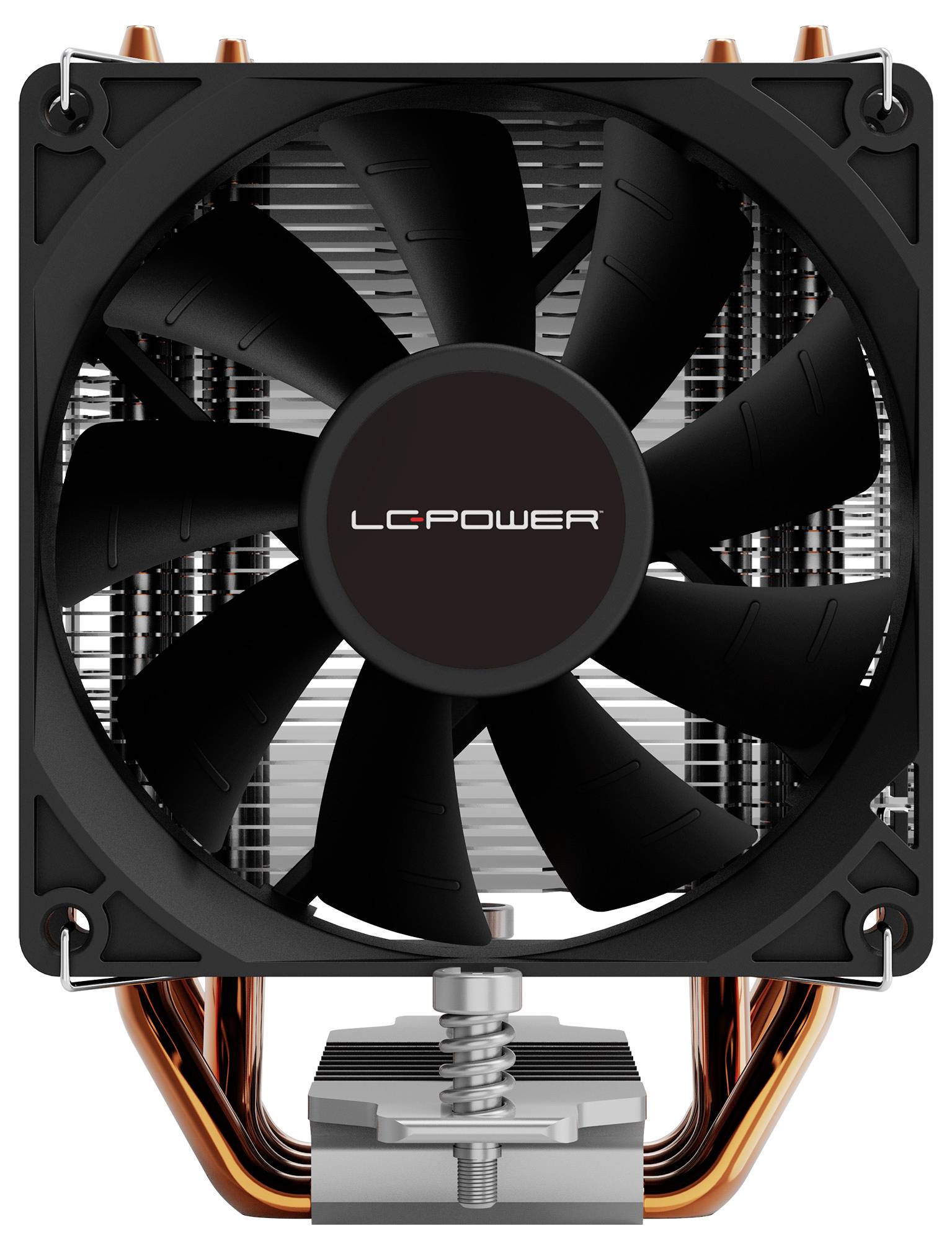 Ein schwarzer CPU-Kühler mit einem zentralen Lüfter mit der Bezeichnung „LC-Power