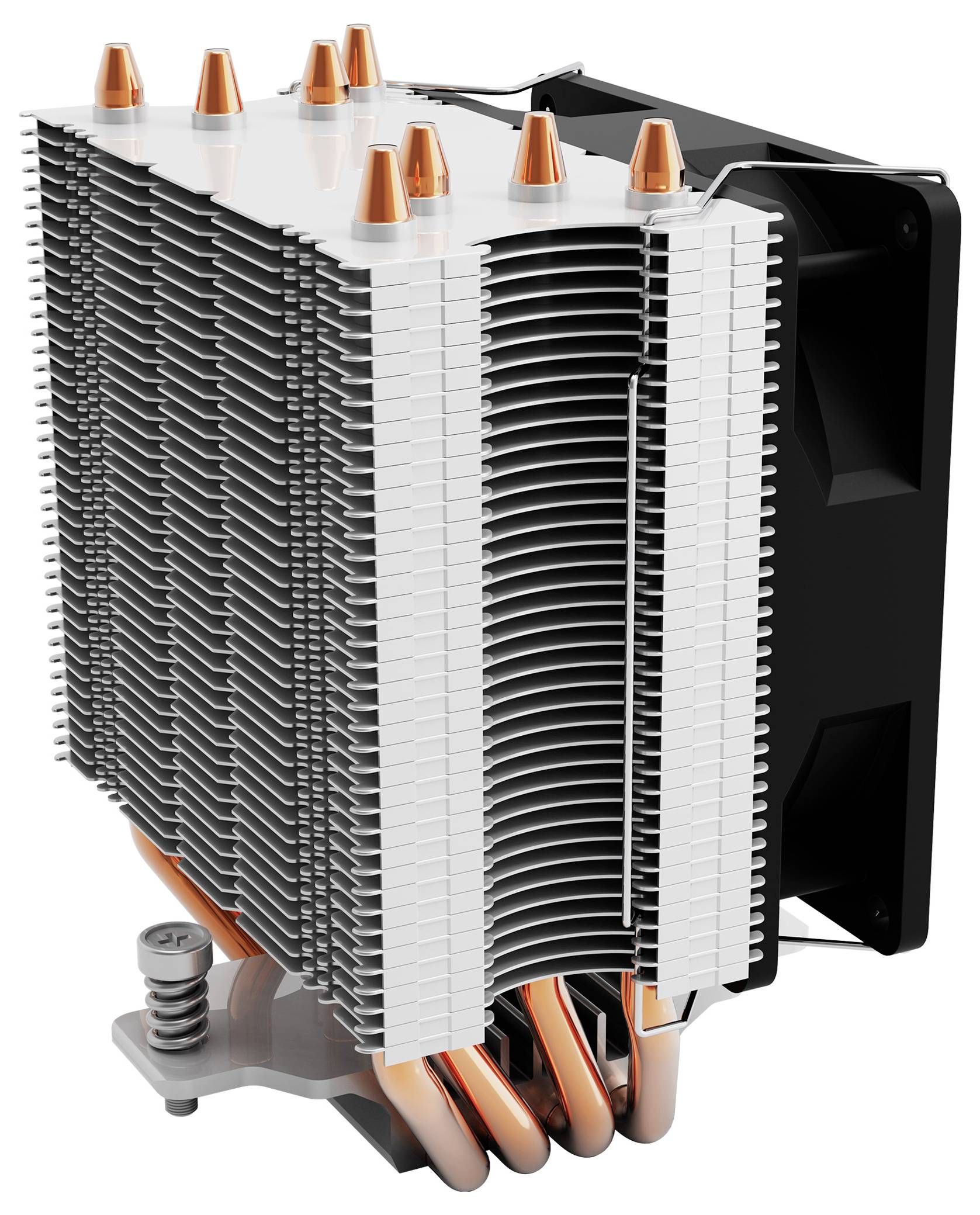 Ein CPU-Kühler mit mehreren Aluminium-Lamellen, Kupfer-Wärmerohrren und einem schwarzen Lüfter, entwickelt zur Kühlung von Computerhardware.