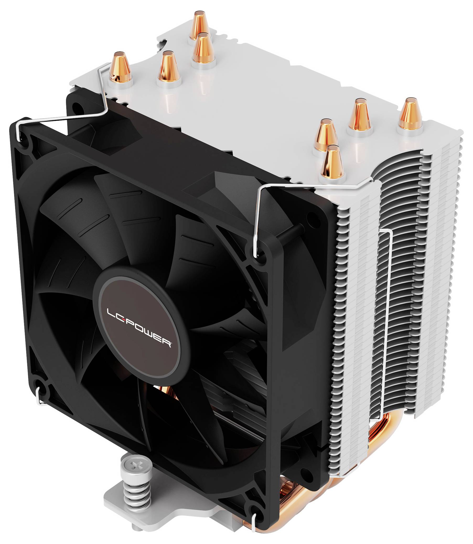 Computer-CPU-Kühler mit großem schwarzem Lüfter und silbernem Kühlkörper, dargestellt in einer 3D-Produktansicht auf weißem Hintergrund.