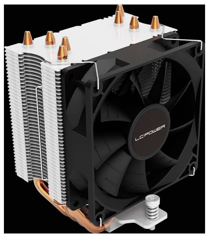 Eine Nahaufnahme eines Computer-CPU-Kühlers mit Kupferwärmerohr und gestapelten Aluminiumrippen auf schwarzem Hintergrund.