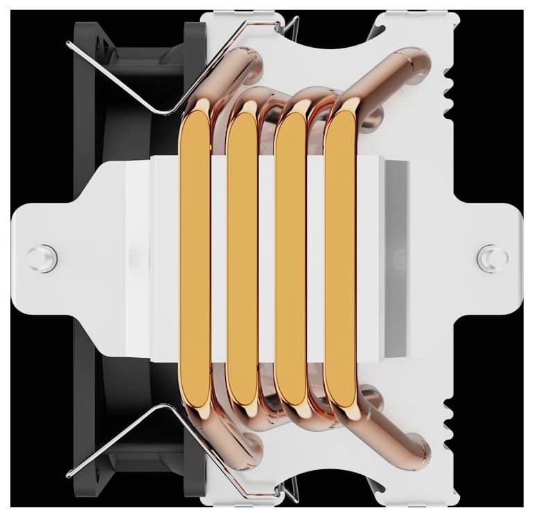 Querschnitt eines Kühlkörpers oder einer Kühlbaugruppe mit vier orangefarbenen Wärmerohrpfeifen, die zwischen weißen Metallplatten und Kupferkontaktpunkten zentriert sind.