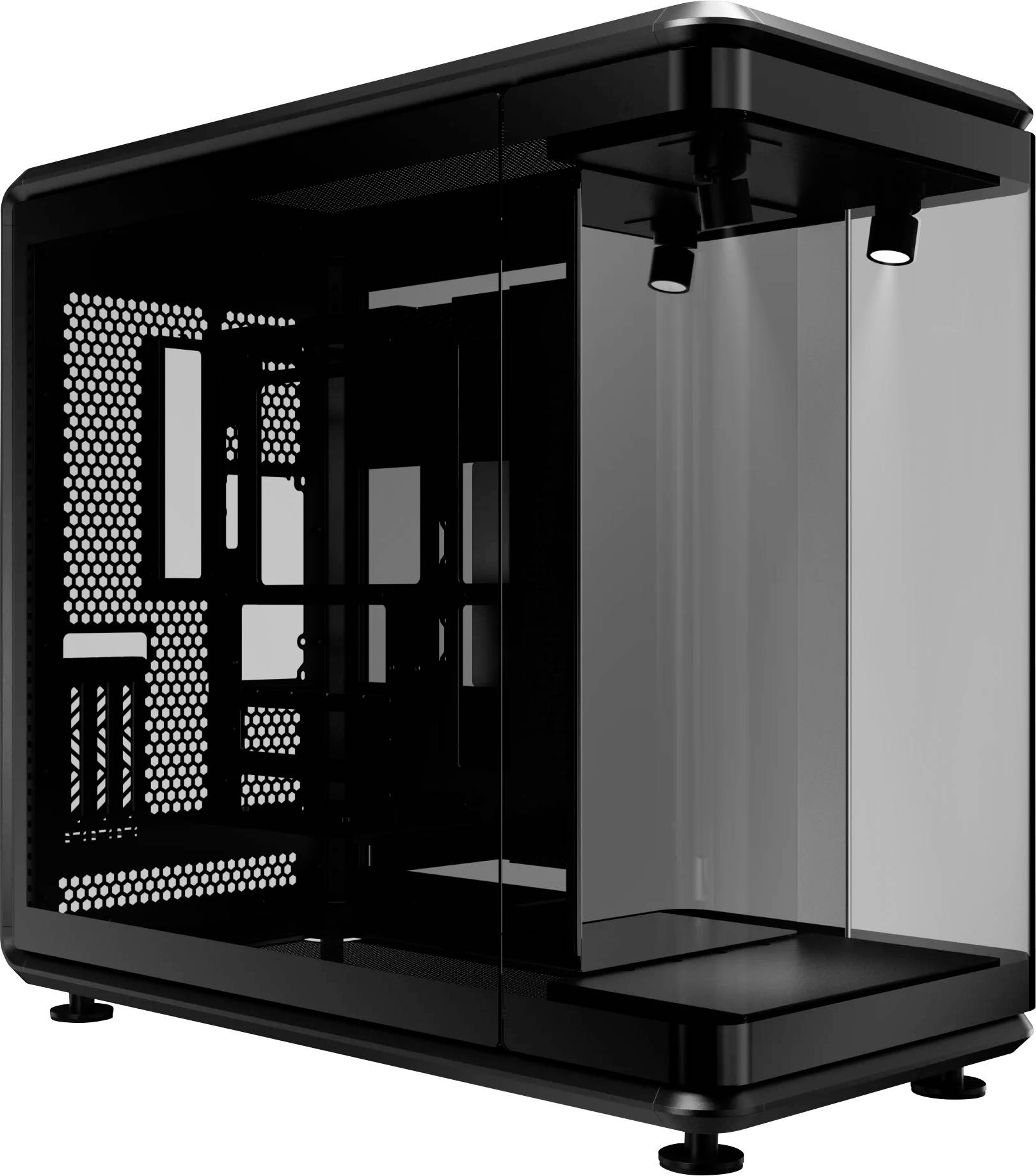 Schwarzes Glas-PC-Gehäuse mit offener Innenseite, Lüftungsgitter-Seitenpanel und oben angebrachten Kühlventilatoren.