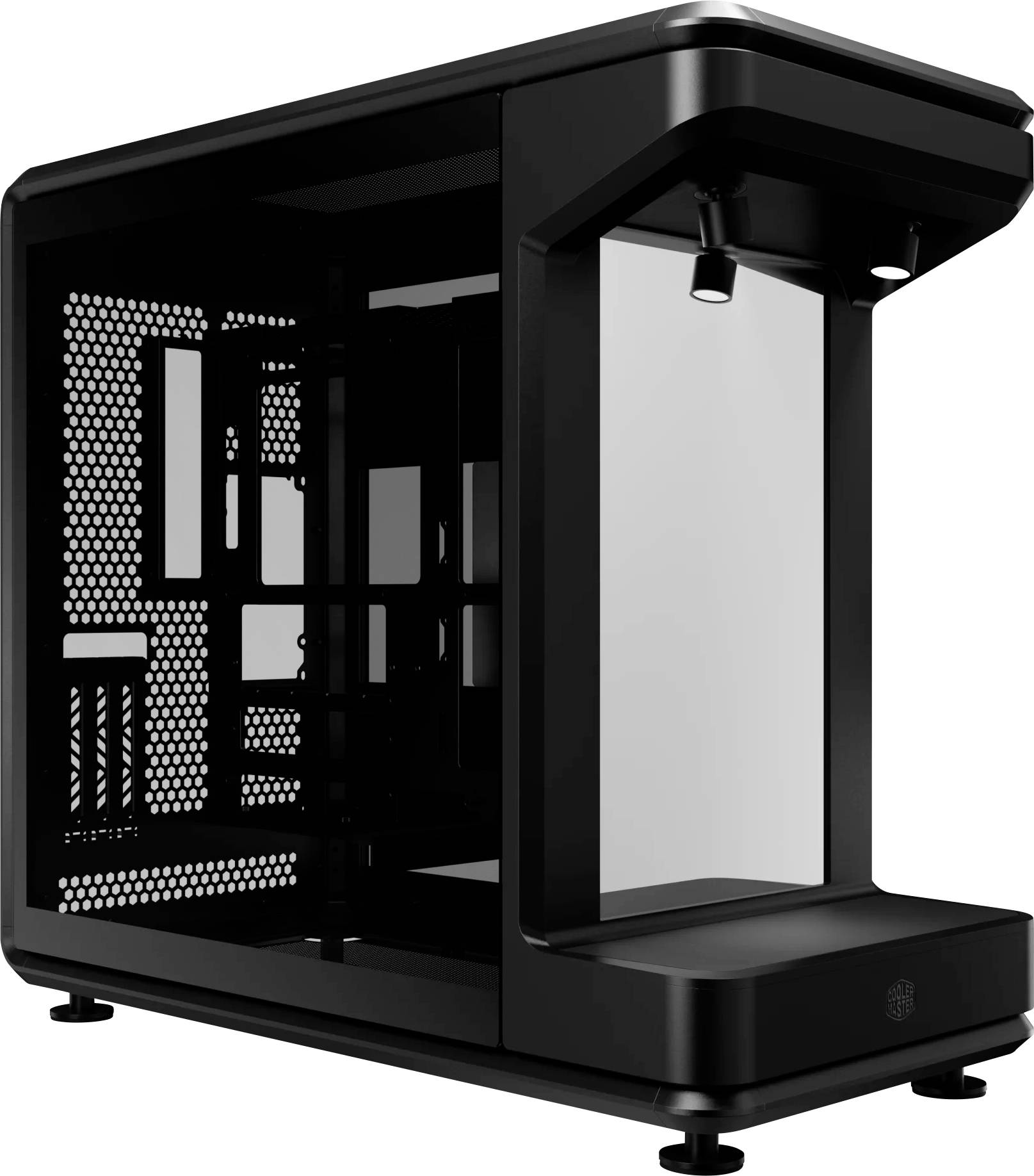 Schwarzes offenes Computer-Gehäuse mit gehärteten Glaspaneelen, perforierten seitlichen Lüftungsöffnungen und vorne montierten Lüfterbefestigungen auf weißem Hintergrund