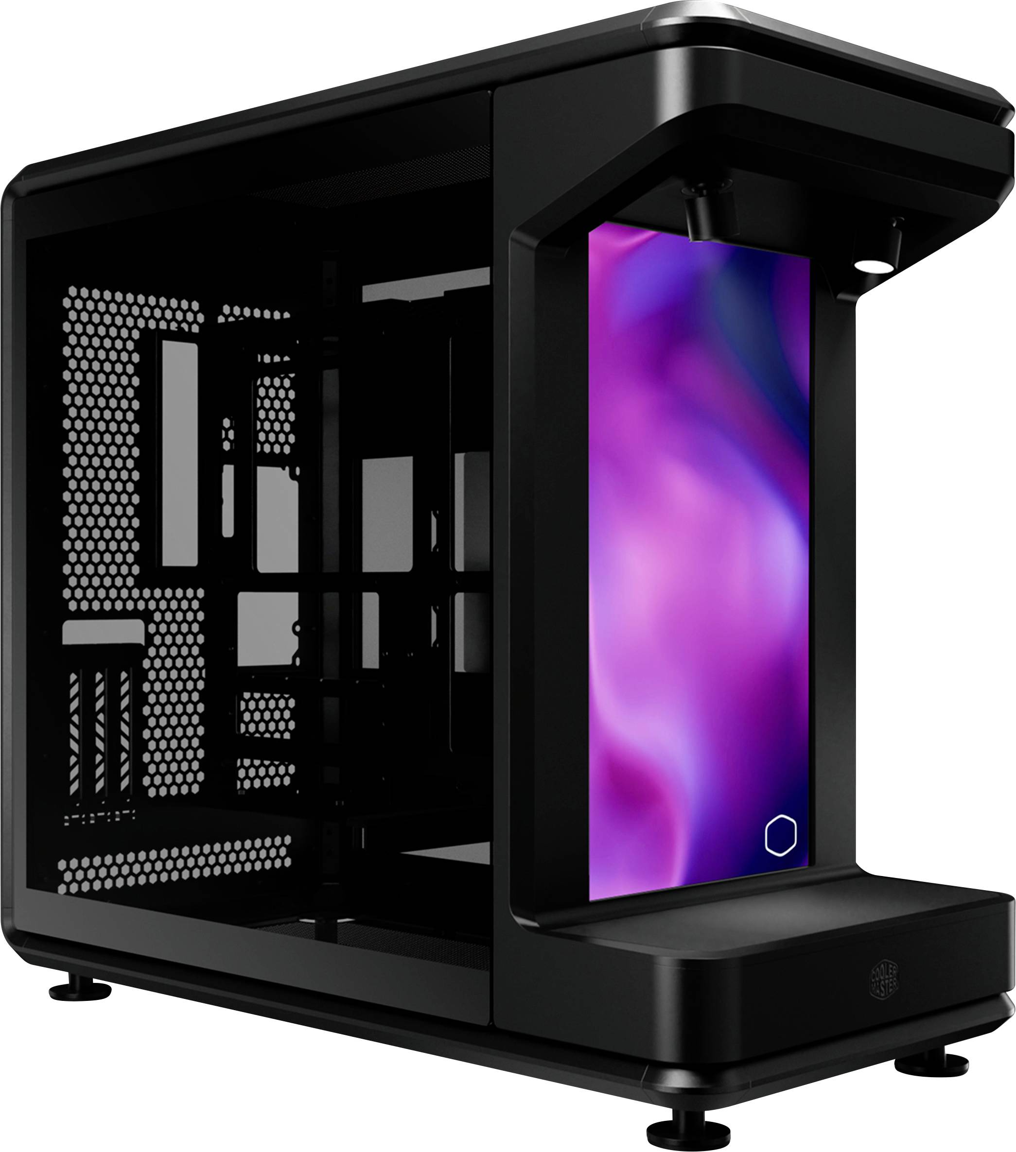 Ein schwarzes Computergehäuse mit einem lebendigen rosa und lila LED-Display auf der Vorderseite. Das Gehäuse ist offen und zeigt das Innere mit mehreren Steckplätzen.