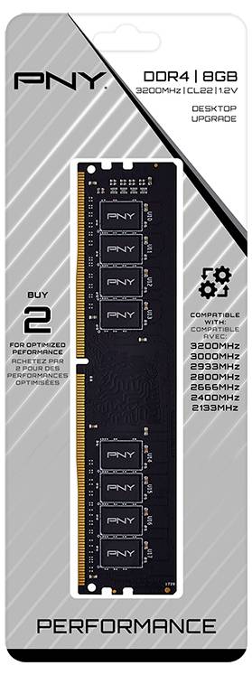 PNY DDR4 8GB RAM, 3200MHz, Desktop-Upgrade. Kompatibel mit 3200MHz, 2933MHz, 2666MHz, 2400MHz, 2133MHz Systemen.