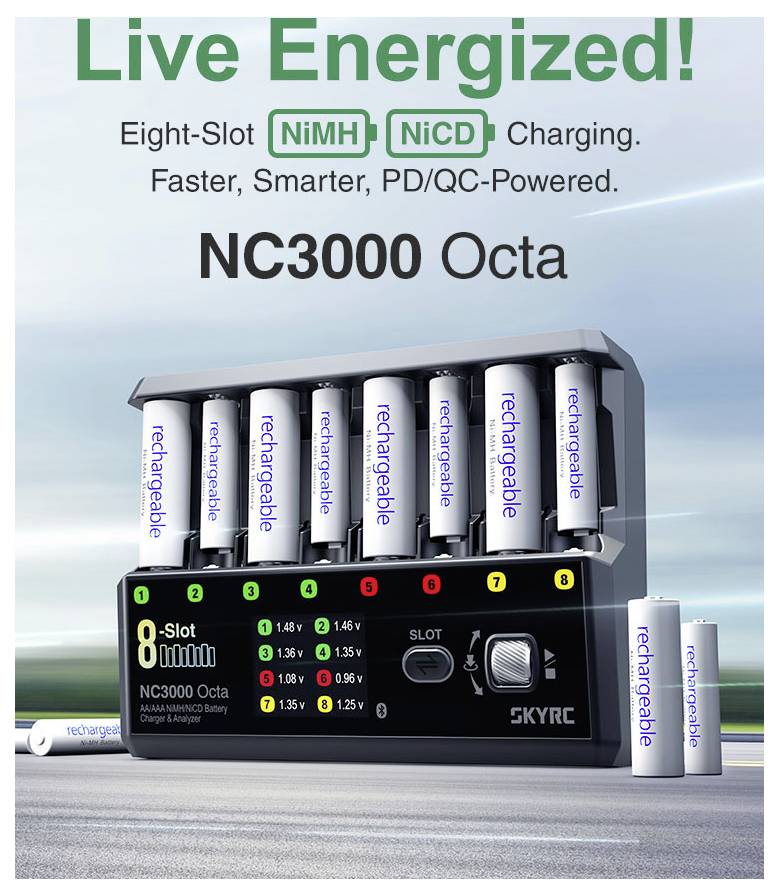 Werbebild des SKYRC NC3000 Octa 8-Platz-Ladegeräts, gekennzeichnet zum Laden von NiMH und NiCd mit PD/QC-Stromversorgung und mehreren aufladbaren Batterien dargestellt.