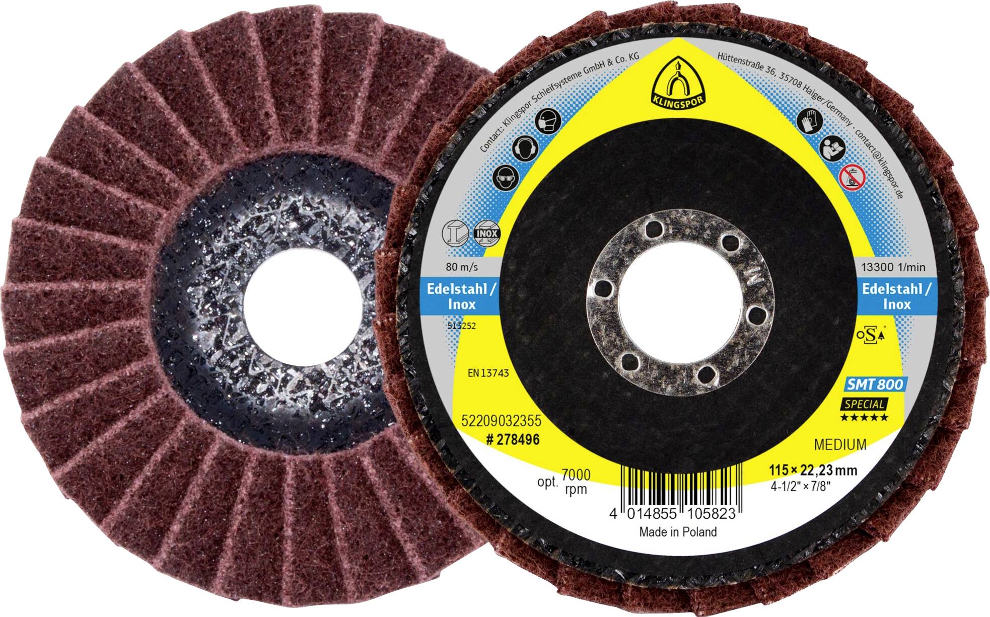 Klingspor 278496 SMT 800 Schleifmopteller Vlies, 115 x 22,23mm Medium Korund gewölbt 115mm 5St.