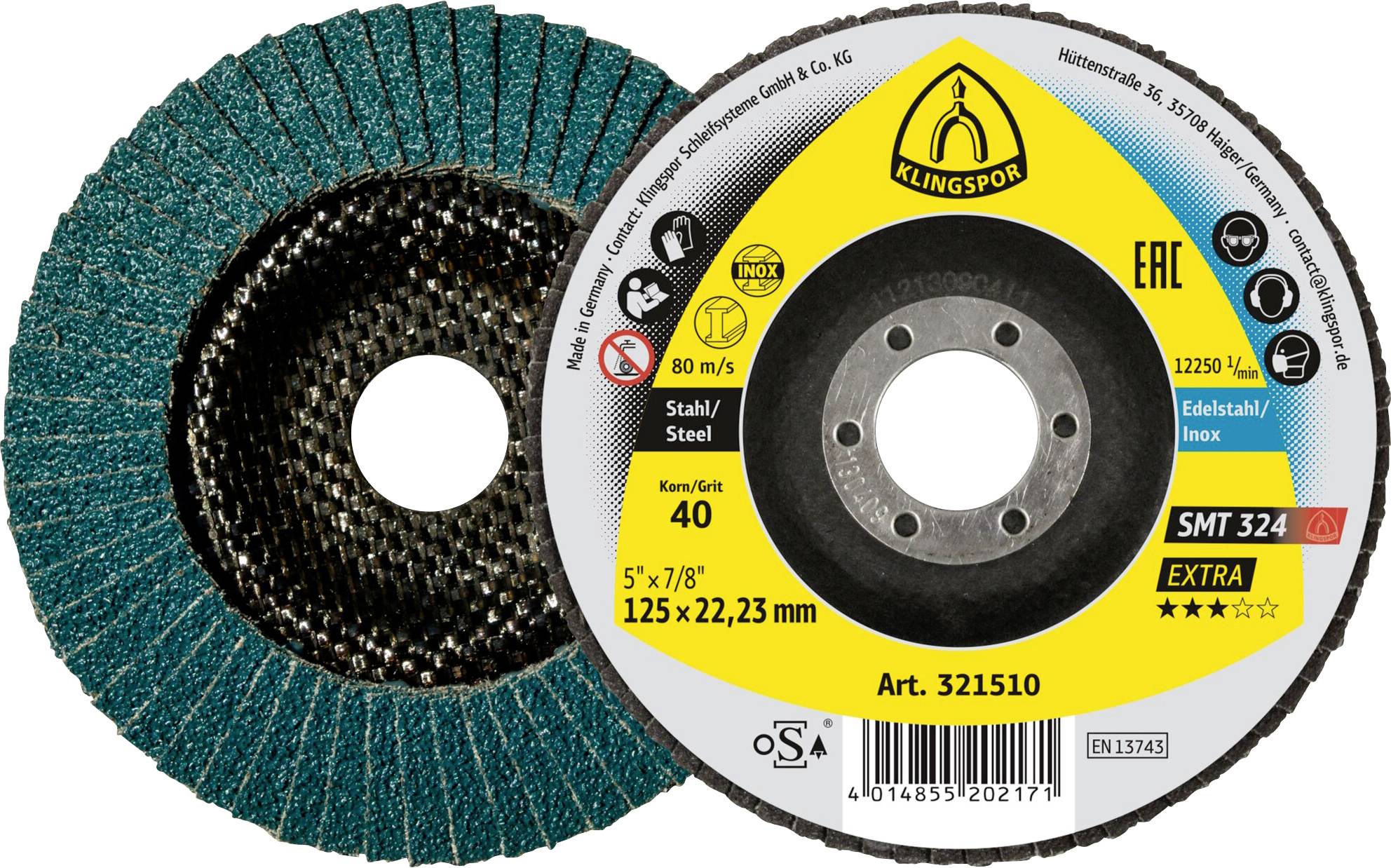 Schleiflamellenscheibe für Stahl, SMT 324, Körnung 40, 125x22,23 mm, max 80 m/s, Marke Klingspor, extra Langlebigkeit für Schleiftarbeiten.