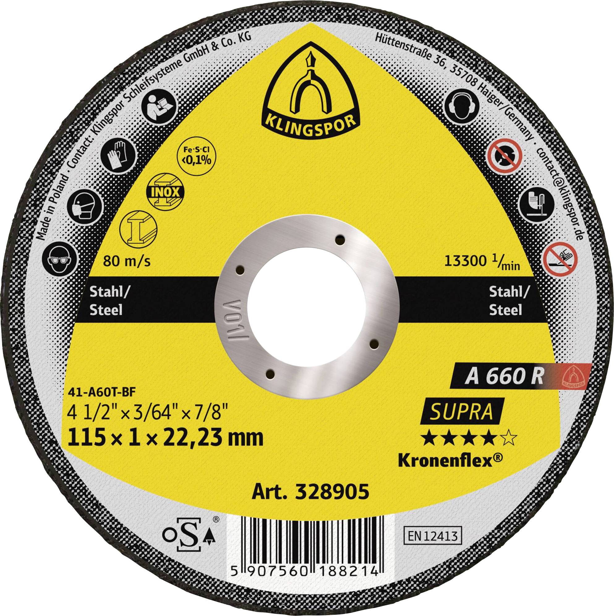 Klingspor Trennscheibe für Stahl, Typ A 660 R Supra, 115 x 1 x 22,23 mm, max. 13.300 U/min, 80 m/s, Art. 328905, OSA zertifiziert.