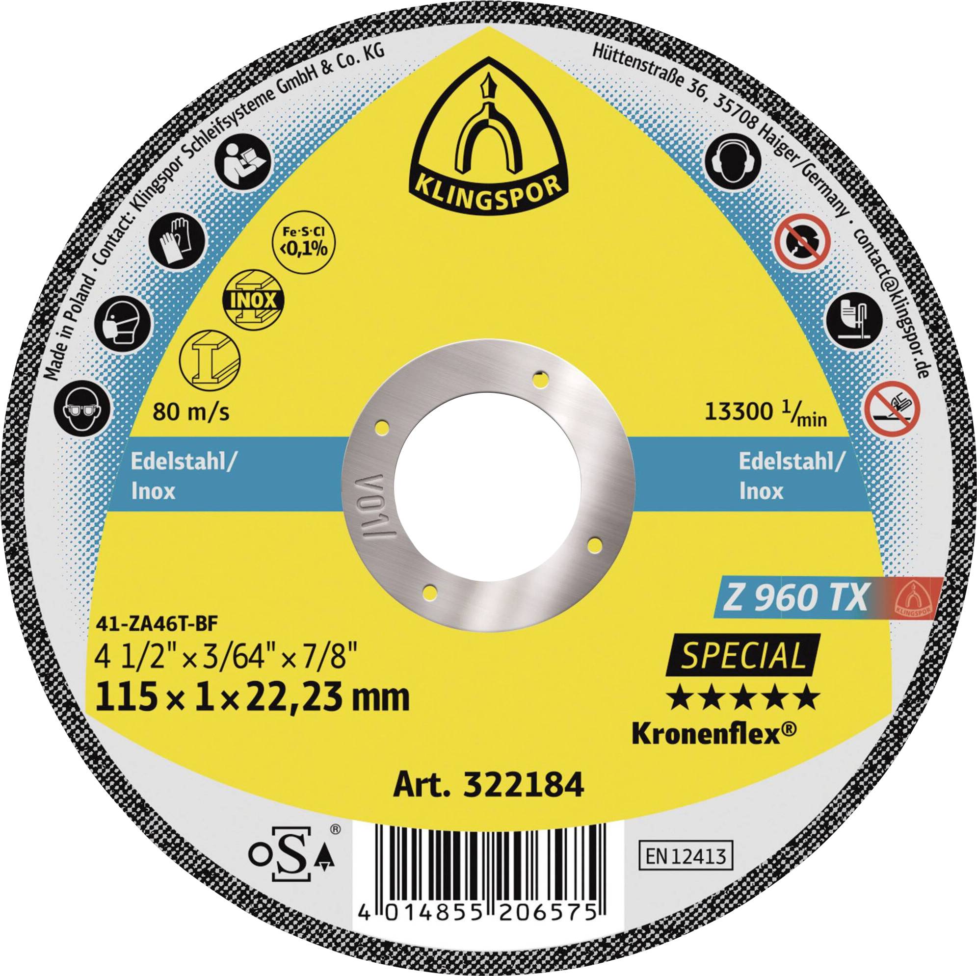 Eine kreisförmige Schleiftrennscheibe mit der Bezeichnung „Klingspor Inox