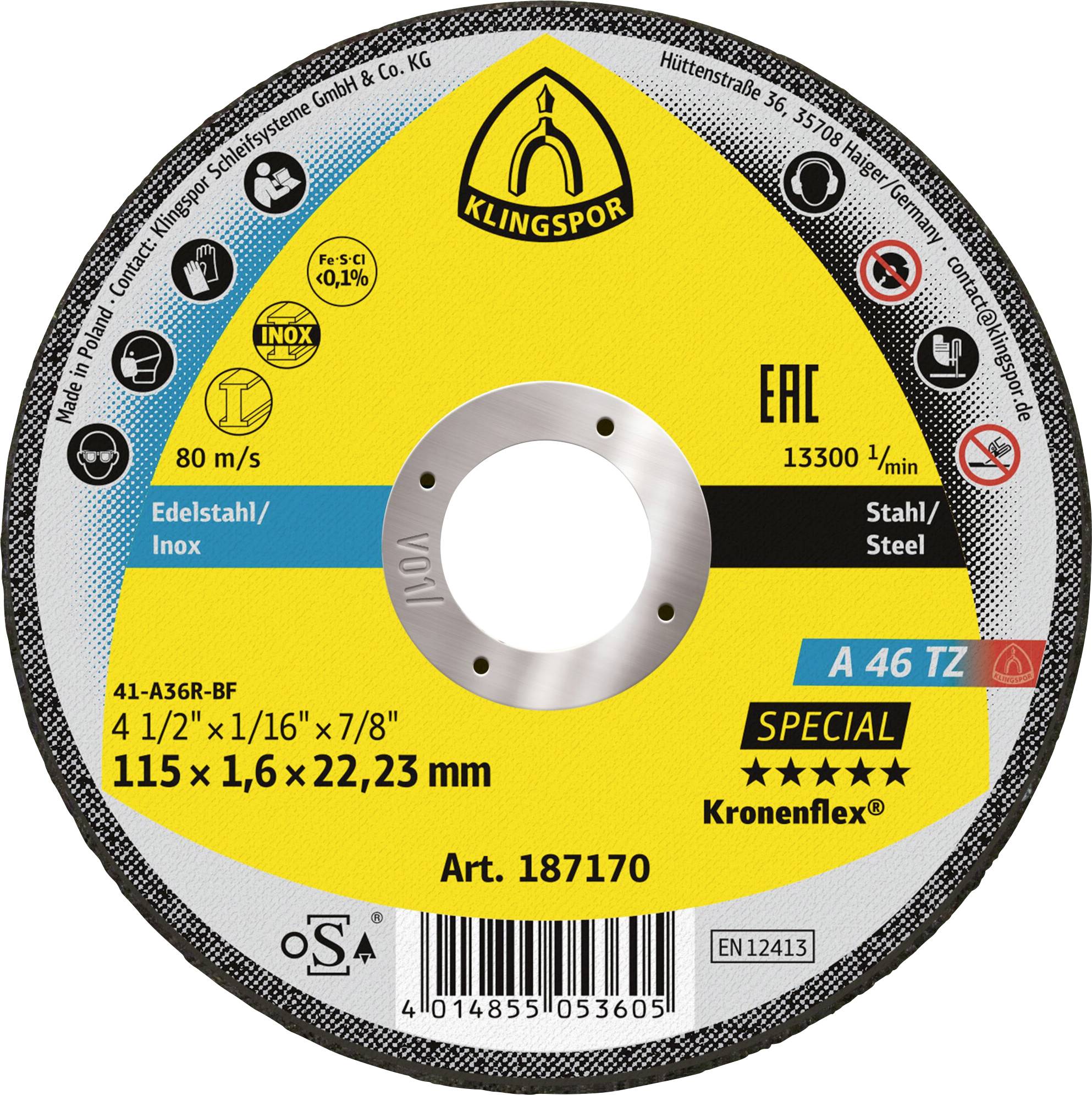 Klingspor-Trennscheibe für Metall und Edelstahl, 115mm Durchmesser, 1,6mm Dicke, 22,23mm Bohrung, maximale Geschwindigkeit 80m/s, 13300 U/min.