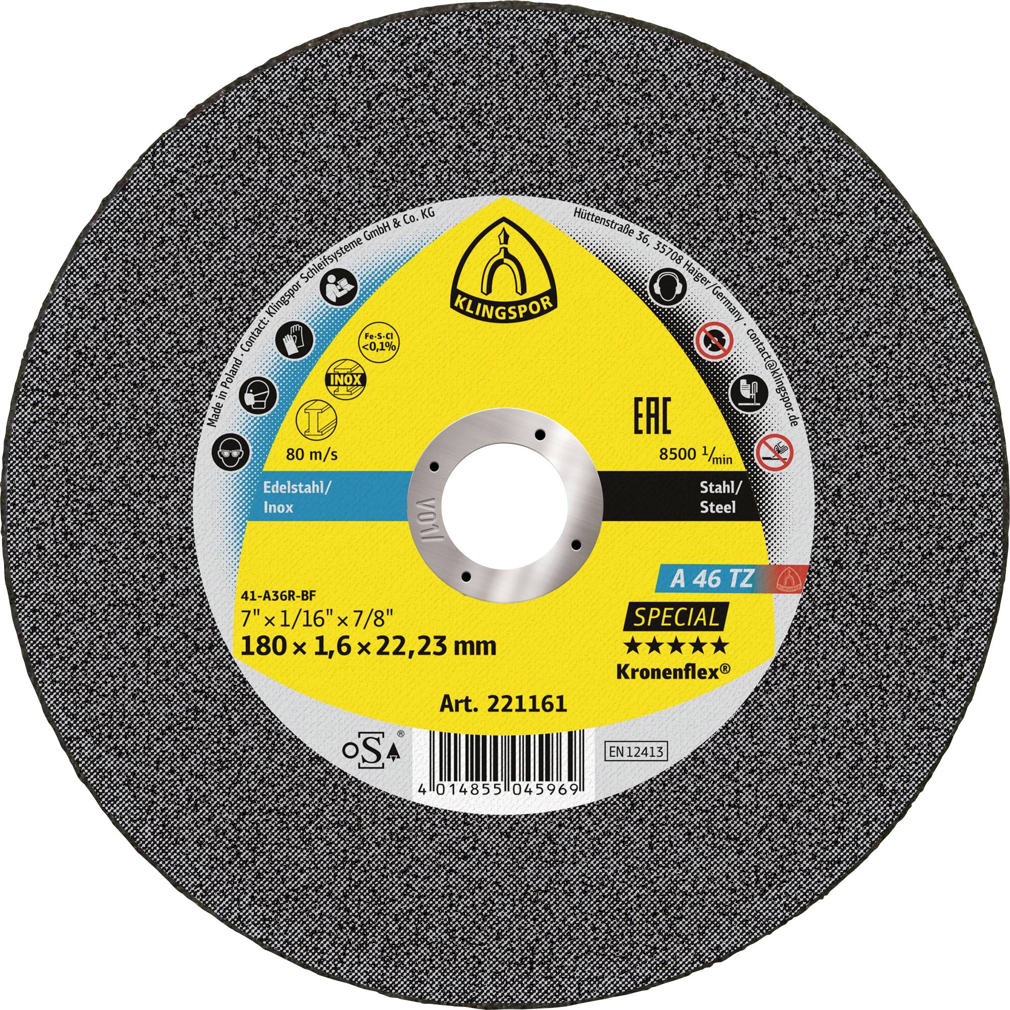 Ein Klingspor-Trennscheibe für Stahl, bezeichnet mit 180x1.6x22.23 mm, max. Drehzahl 8500 U/min. Graue Oberfläche mit zentralem Loch zur Befestigung.