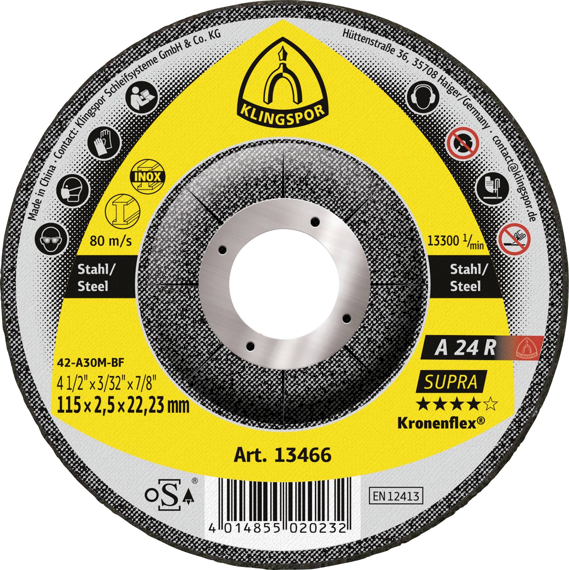 Eine runde Schleifscheibe mit gelbem und schwarzem Design mit der Bezeichnung „Klingspor