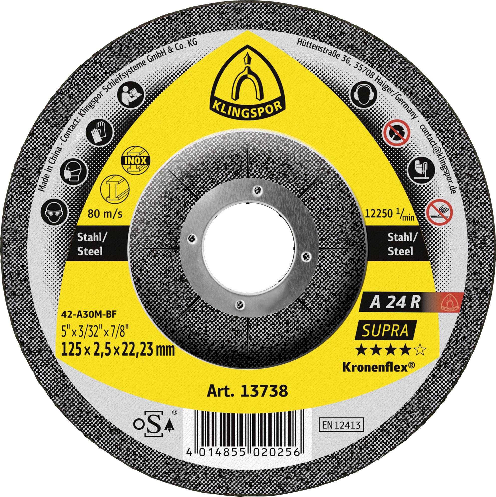 Eine kreisförmige Schleiftrennscheibe mit der Beschriftung „Klingspor; 125x2,5x22,23mm; 80m/s; A24R Supra; Inox; Art. 13738