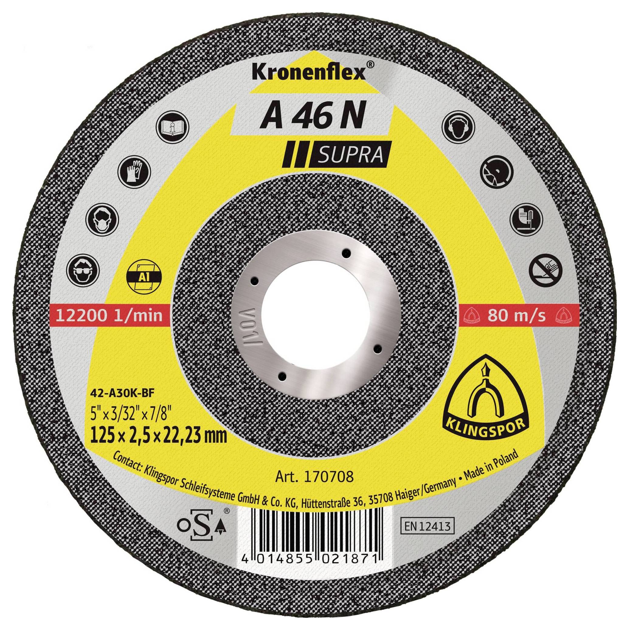 'Kronenflex A 46 N SUPRA' Schleiftrennscheibe mit einem Loch in der Mitte. Sie misst 125 mm x 2,5 mm x 22,23 mm und hat Verwendungsspezifikationen.