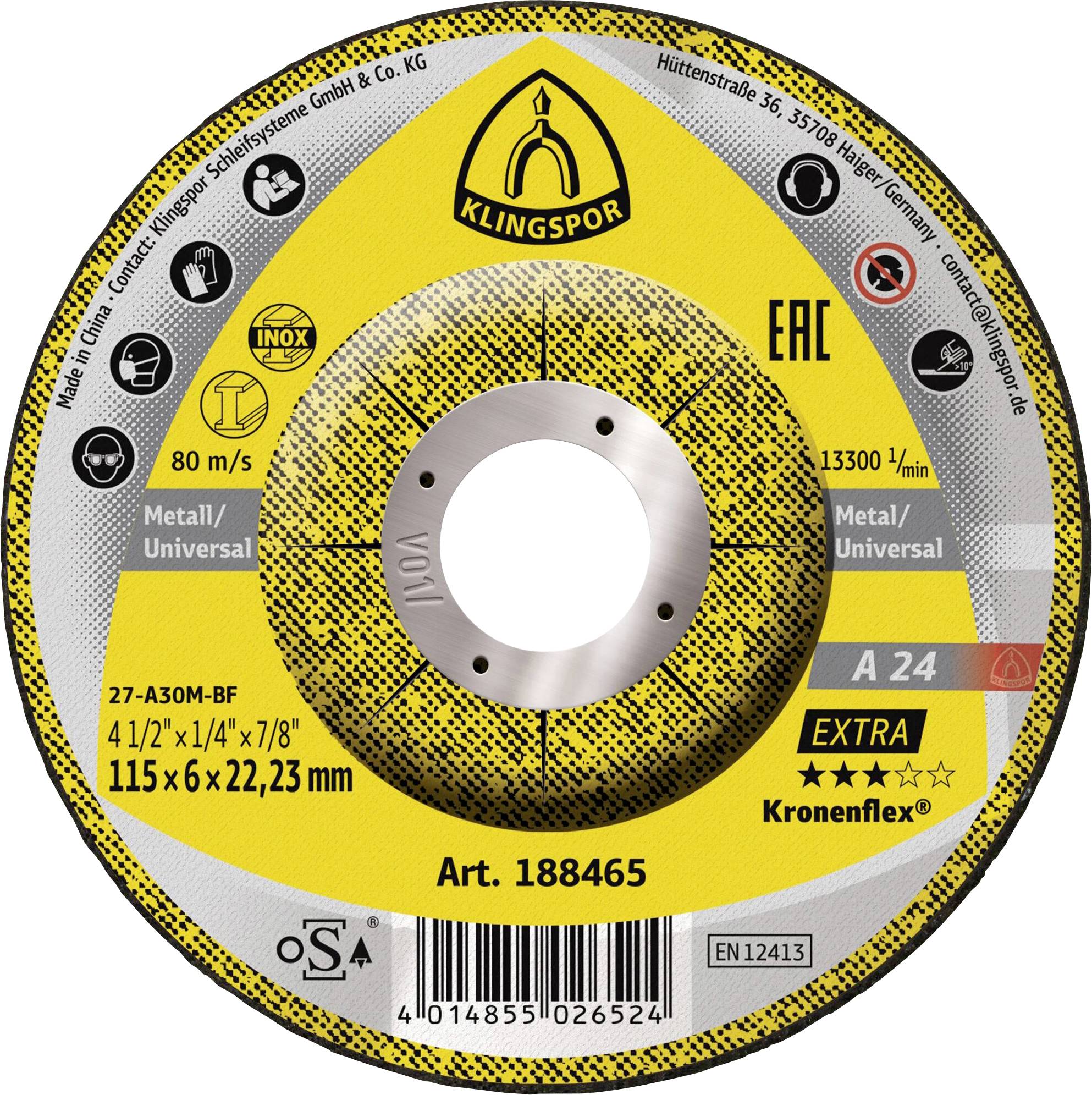 Eine gelb-schwarze Metalltrennscheibe mit Klingspor-Beschriftung für universelle Metallanwendungen. Abmessungen 115 x 6 x 22,23 mm. Maximale Drehzahl 13.300 U/min.