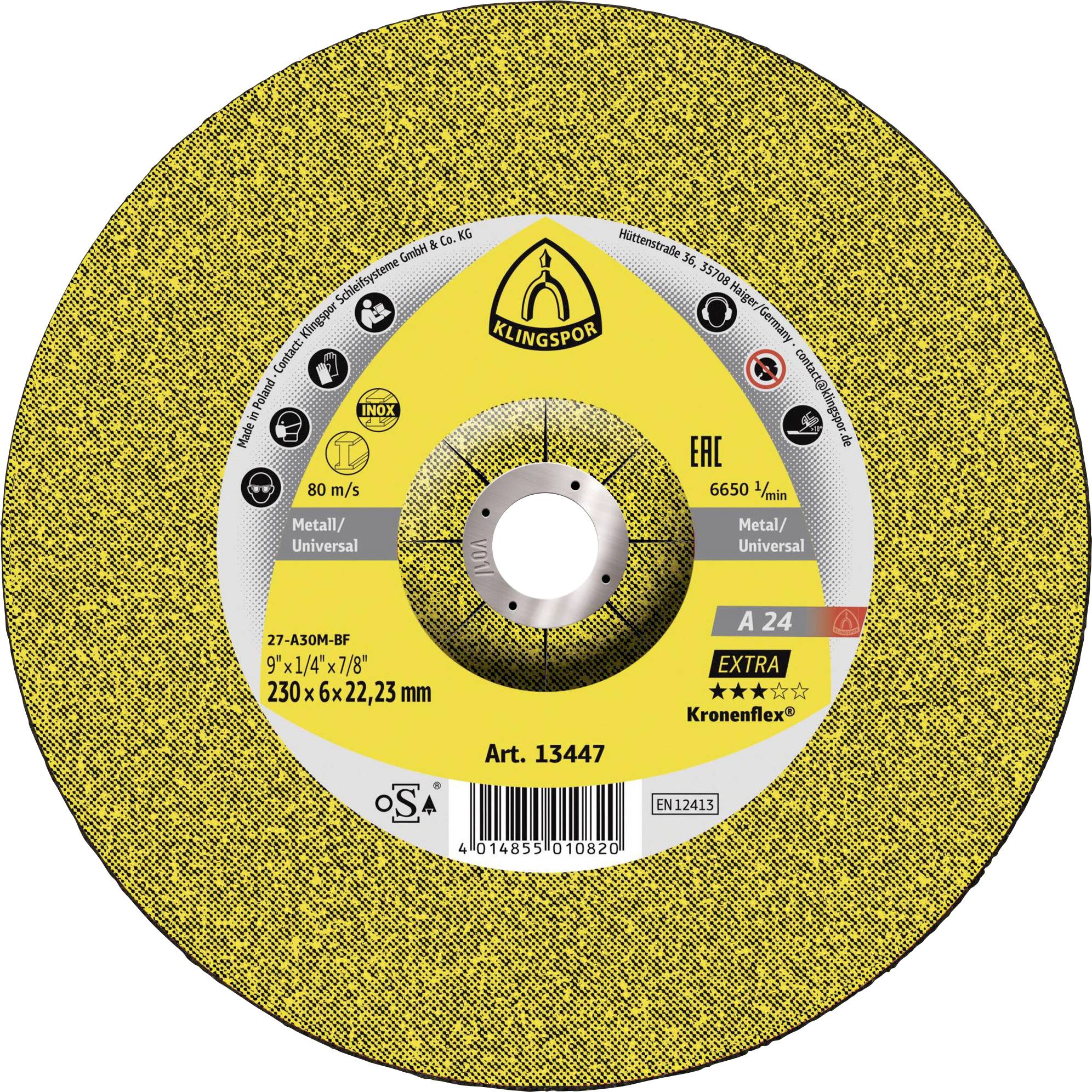 Eine runde Schleifscheibe mit gelbem und schwarzem Design mit der Bezeichnung 