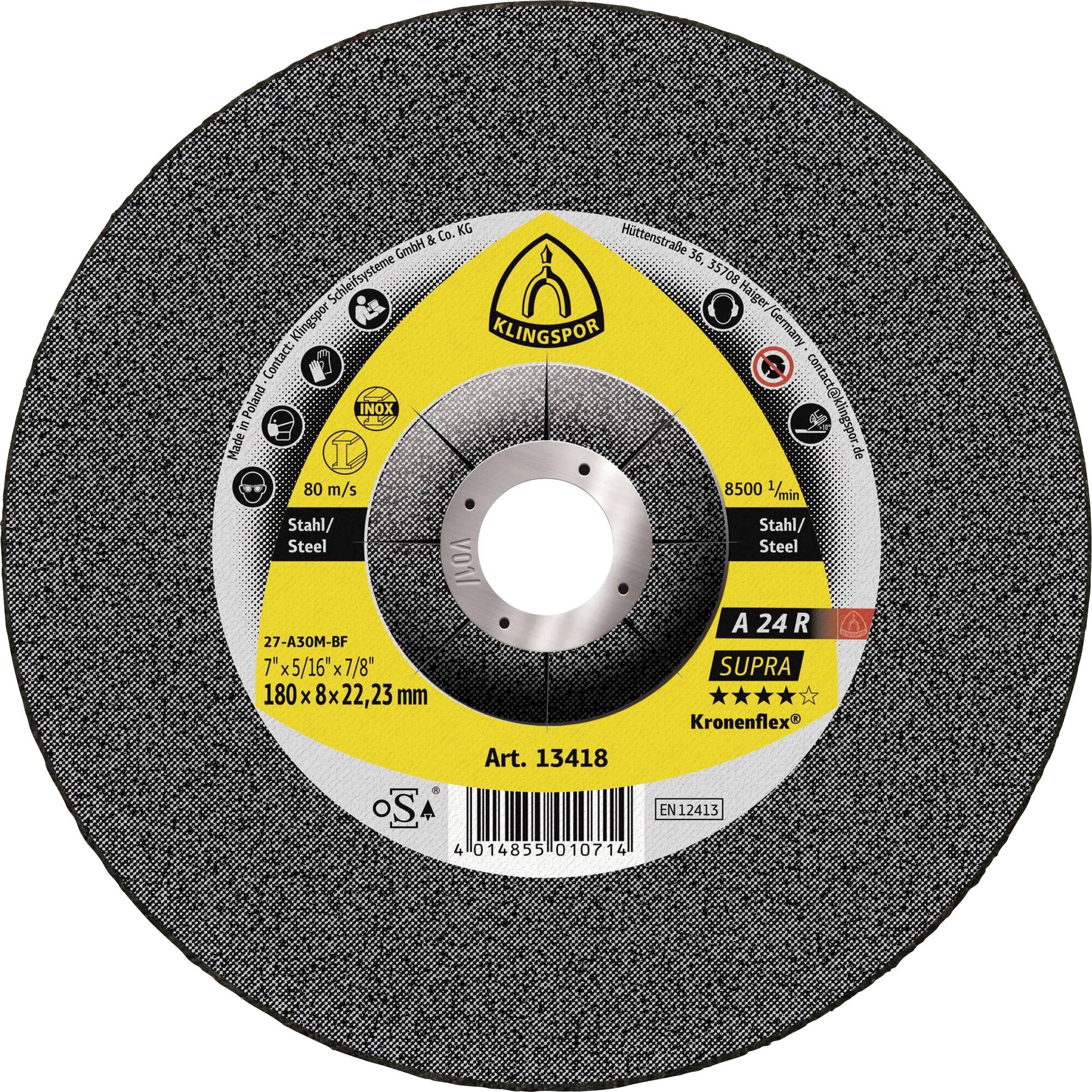 Eine runde Metallschneidscheibe mit der Bezeichnung „Klingspor Supra