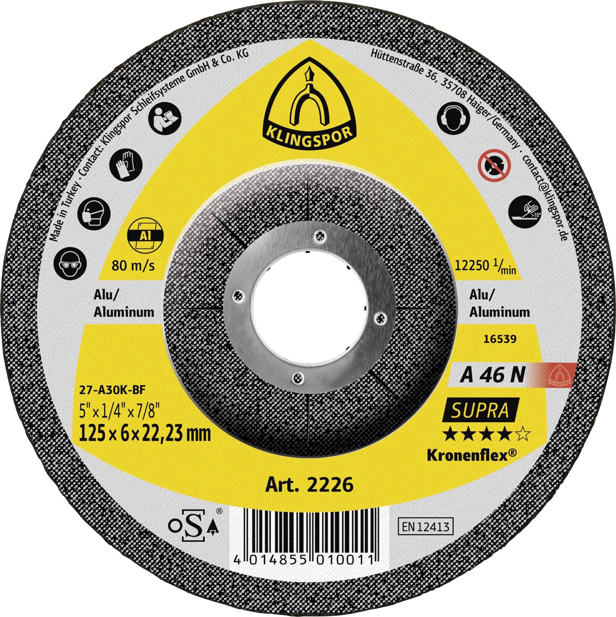 'A 46 N SUPRA' Schleiftrennscheibe für Aluminium, maximale Geschwindigkeit 80 m/s, Größe 125 x 6 x 22,23 mm, von Klingspor, Art. 2226.