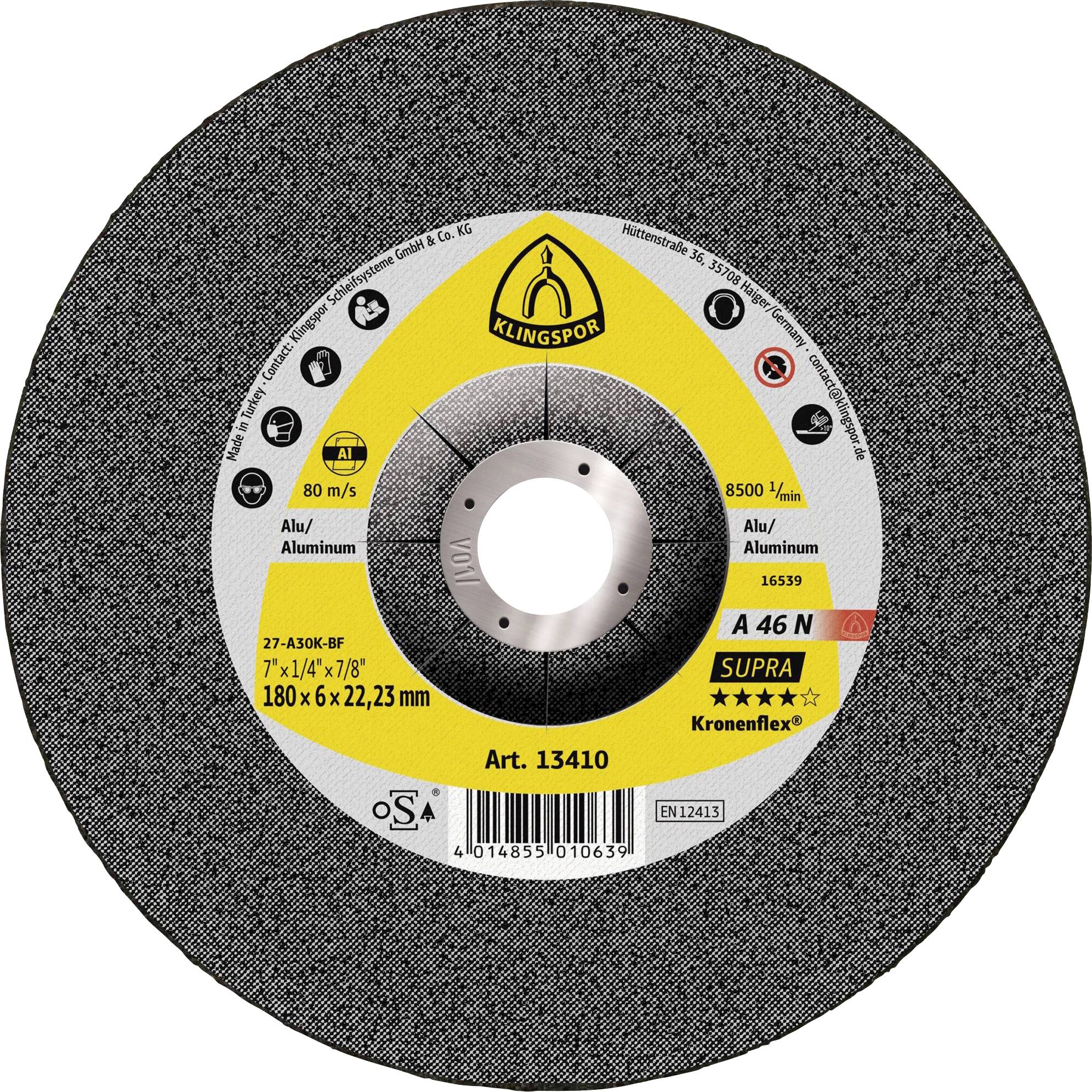 Eine runde Metallschleifdiskette mit Kennzeichnungsinformationen einschließlich 'Klingspor', 'SUPRA', 'A 46 N', Durchmesser '180 x 6 x 22,23 mm' und Sicherheitszeichen.