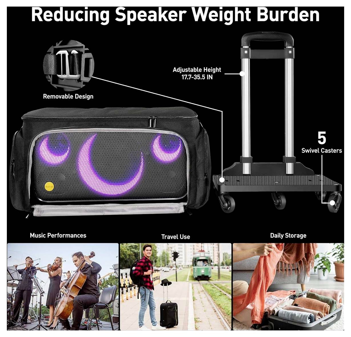 Das Bild zeigt einen Lautsprecher mit verstellbarer Höhe und abnehmbarem Design, montiert auf einem Wagen mit fünf Lenkrollen, hervorgehoben für Musik-, Reise- und Lagerzwecke.