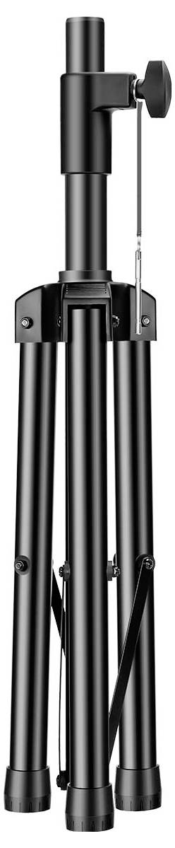 Ein schwarzes, verstellbares Kamerastativ mit drei Beinen und einer zentralen Säule zur Höhenverstellung, dargestellt in zusammengeklappter Position.