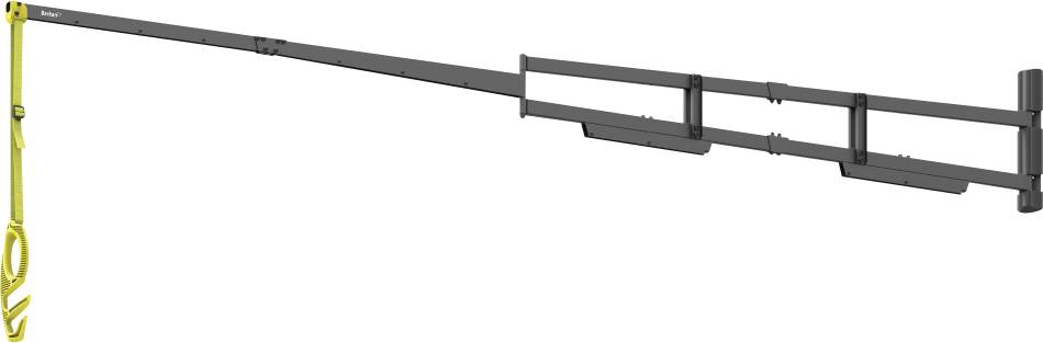 Ein metallischer Sicherheitsschrankarm mit einem gelben Riemen, für Industrieumgebungen konzipiert, erstreckt sich horizontal und zeigt eine Barriere an.