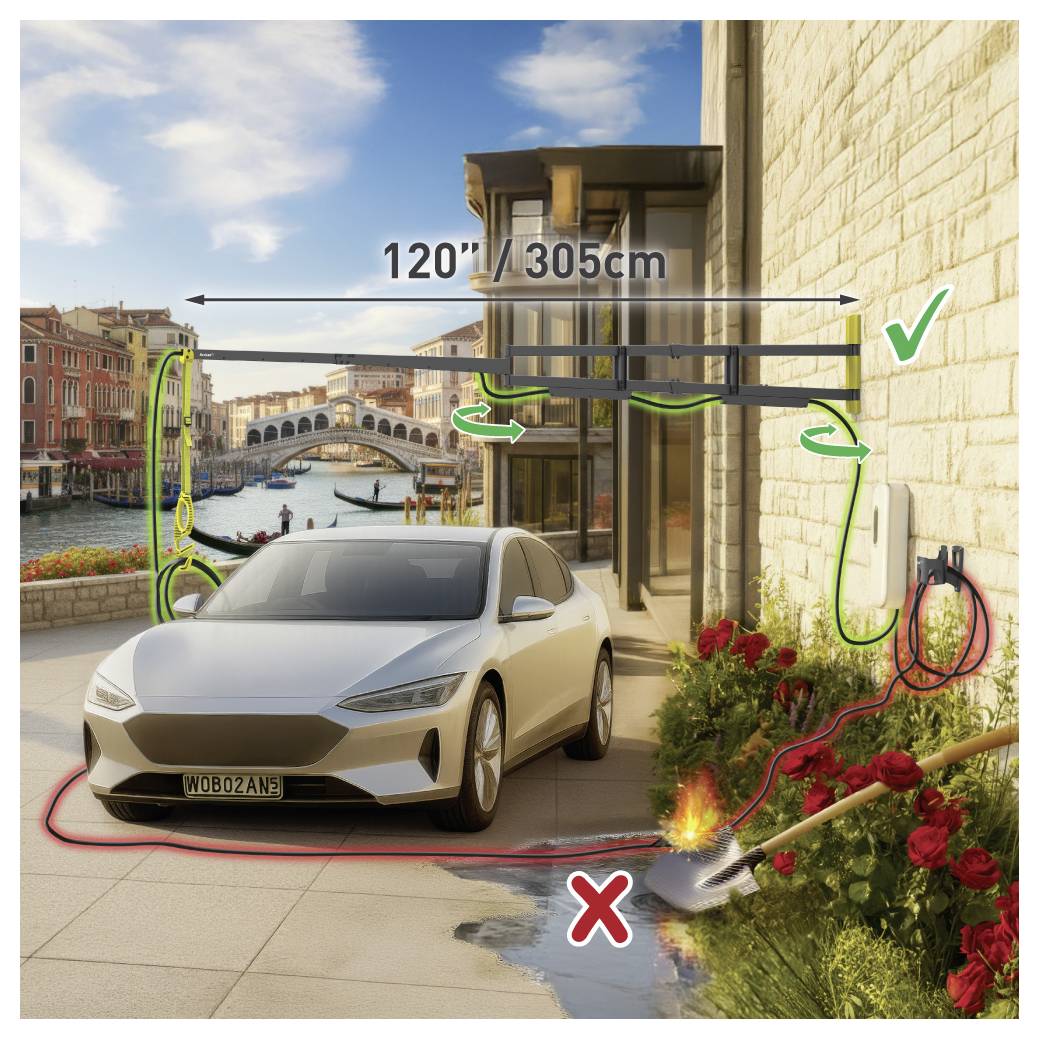 Ein Elektroauto lädt sich mit einem langen Kabel von 120 Zoll (305 cm) auf einer Auffahrt korrekt auf und umgeht dabei Hindernisse wie einen Garten.