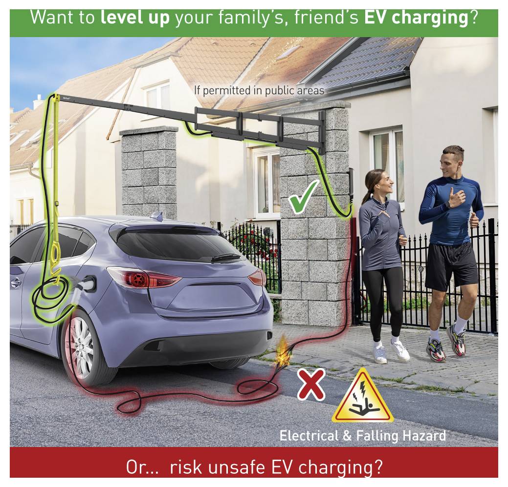 Ein Mann und eine Frau beim Joggen bemerken ein Auto, das mit einem Kabel über Kopfhöhe aufgeladen wird, was eine sichere Installation im Gegensatz zu einem gefährlichen Bodenkabel zeigt.