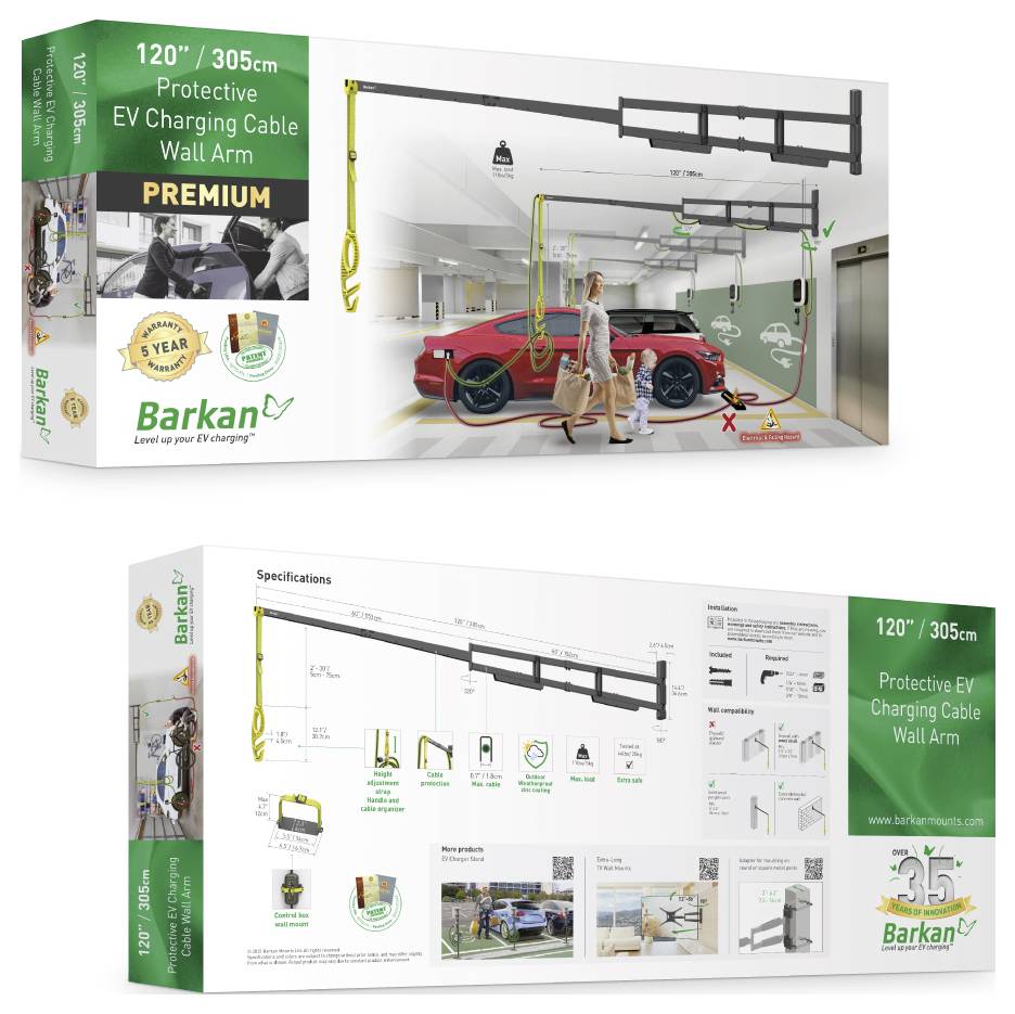 Schutzverpackung mit einer 120 cm/305 cm Schutz-EV-Ladekabel-Wandhalterung. Das Bild zeigt das Installationssetup, die Produktmerkmale und die Spezifikationen.