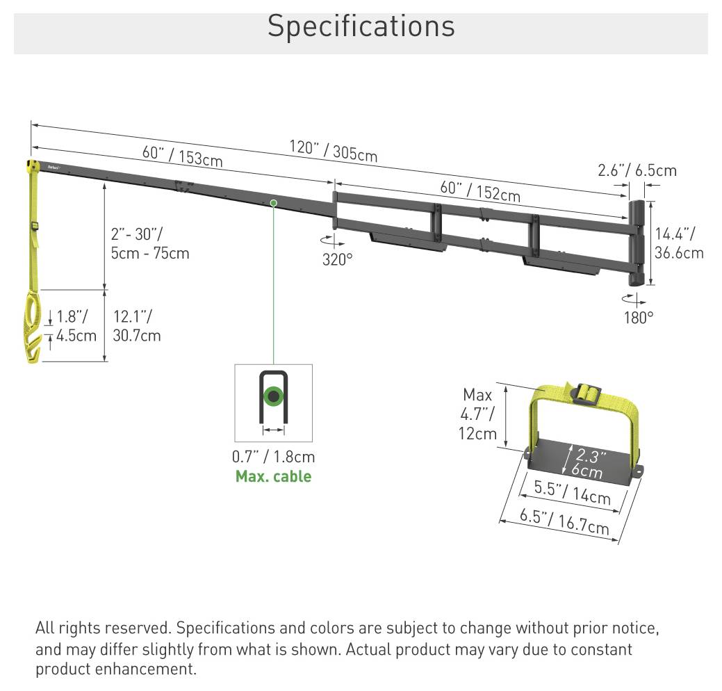 Spezifikationsdiagramm mit den Abmessungen eines ausziehbaren Barriersystems: 305 cm vollständig ausgefahren, 153 cm zusammengeklappt, mit einer maximalen Kabellänge von 1,8 cm.