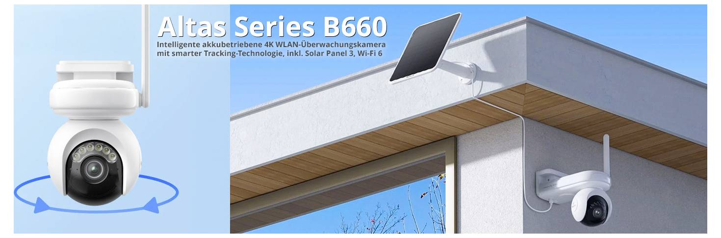 Überwachungskamera 'Altas Series B660' mit WLAN und Solar-Panel, montiert an einer Gebäudeecke, zeigt 360°-Drehung.