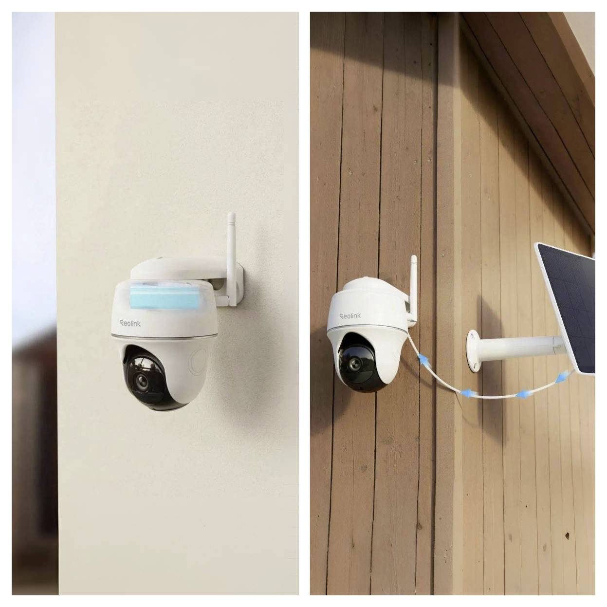 „Zwei weiße Überwachungskameras im Außenbereich montiert; eine an einer weißen Wand und die andere auf einer Holzoberfläche mit einem kleinen Solarpanel.
