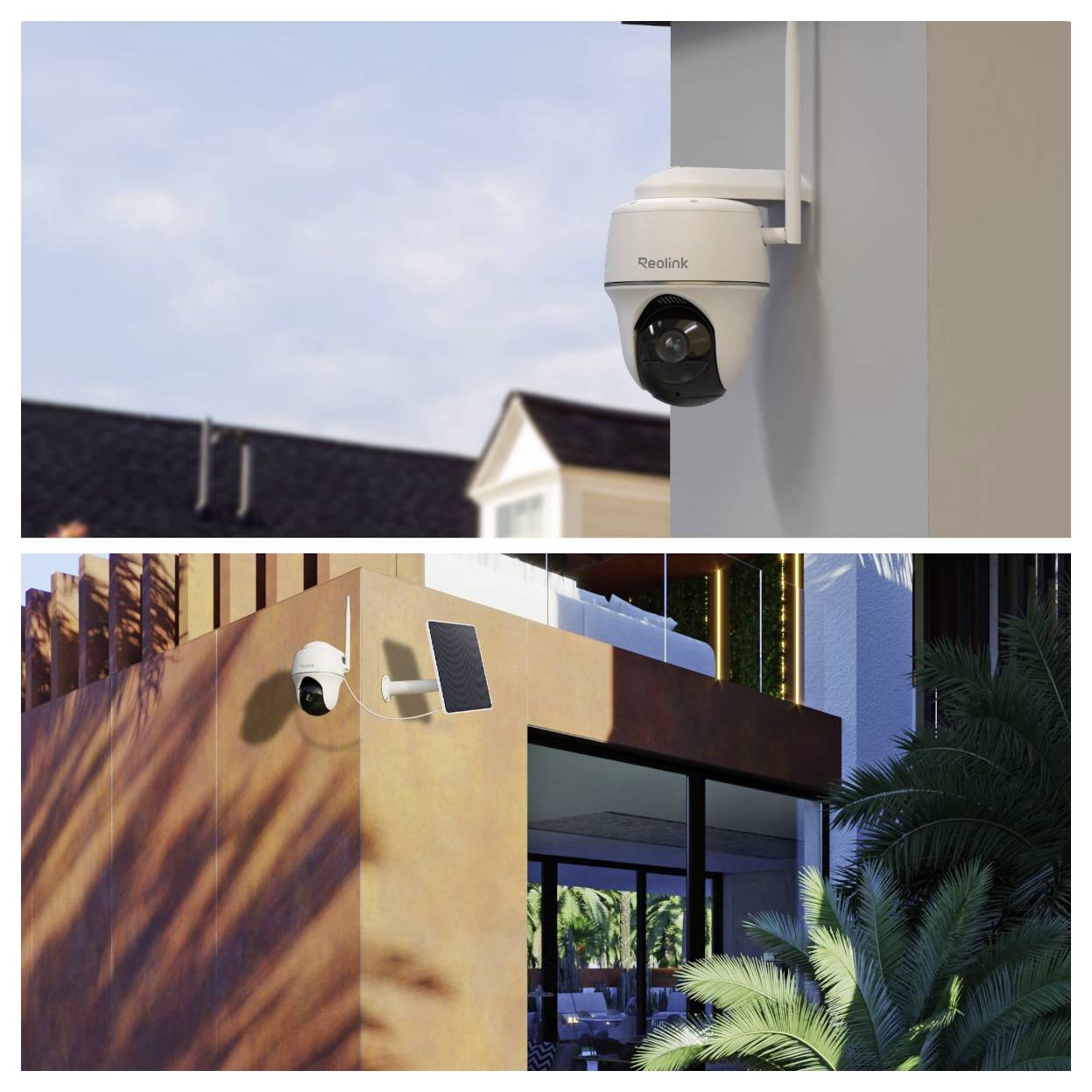 Zwei Sicherheitskameras auf verschiedenen Gebäuden montiert: eine an einer weißen Wand, die andere an einer Ecke mit Solarmodul, bei Tageslicht.