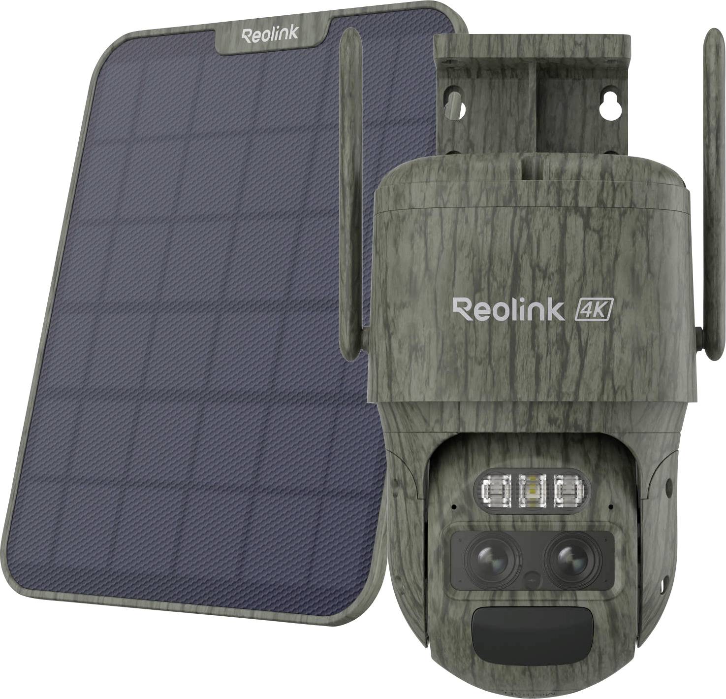 Eine Reolink 4K-Überwachungskamera in Camouflage-Design wird neben einem Solarpanel gezeigt, das ihre solarbetriebene Außenfähigkeit unterstreicht.
