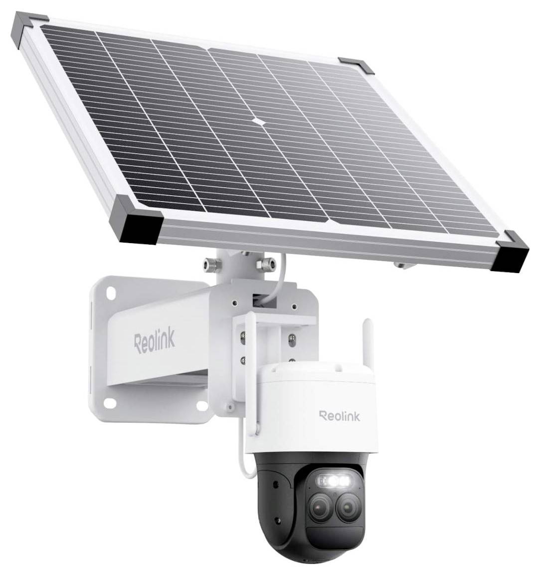 Eine solarbetriebene Sicherheitskamera mit einem oben montierten Paneel für kontinuierliche Energieversorgung, geeignet für die Außenüberwachung.