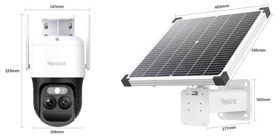 Überwachungskamera und Solarpanel von Reolink. Kamera misst 229 mm x 129 mm x 147 mm; Solarpanel 396 mm x 403 mm.