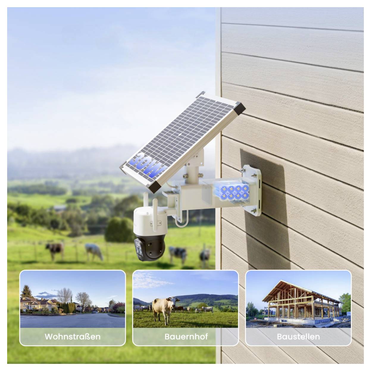 Solarkamera an einer Hauswand montiert, mit Ausblick auf grüne Landschaft. Kleine Bilder unten zeigen verschiedene Einsatzorte: Wohnstraßen, Bauernhof, Baustellen.