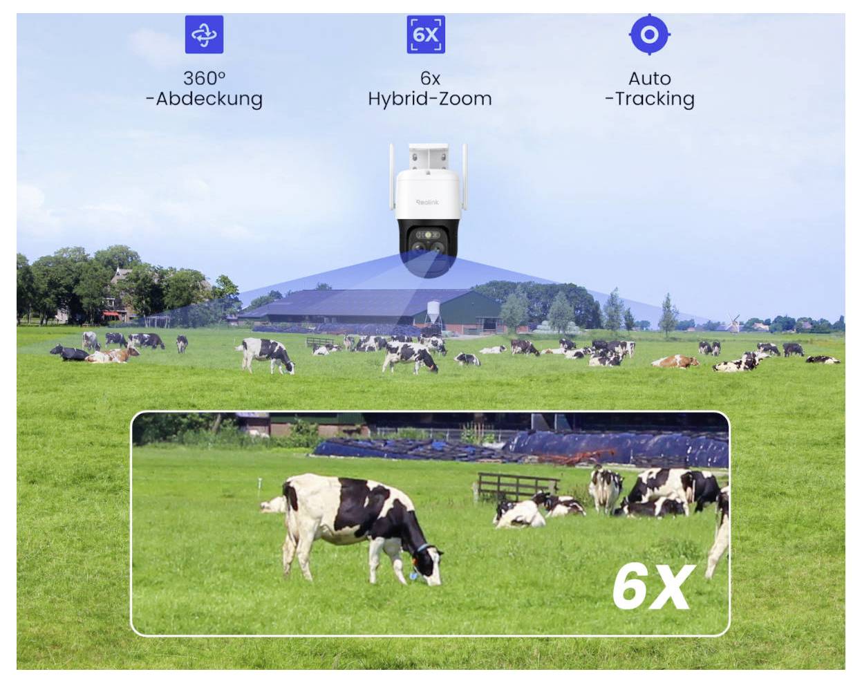Ein solarbetriebenes Sicherheitskameragehäuse ist an einem Baum montiert und mit Riemen gesichert. Ein Solarpanel ist neben der Kamera angebracht.