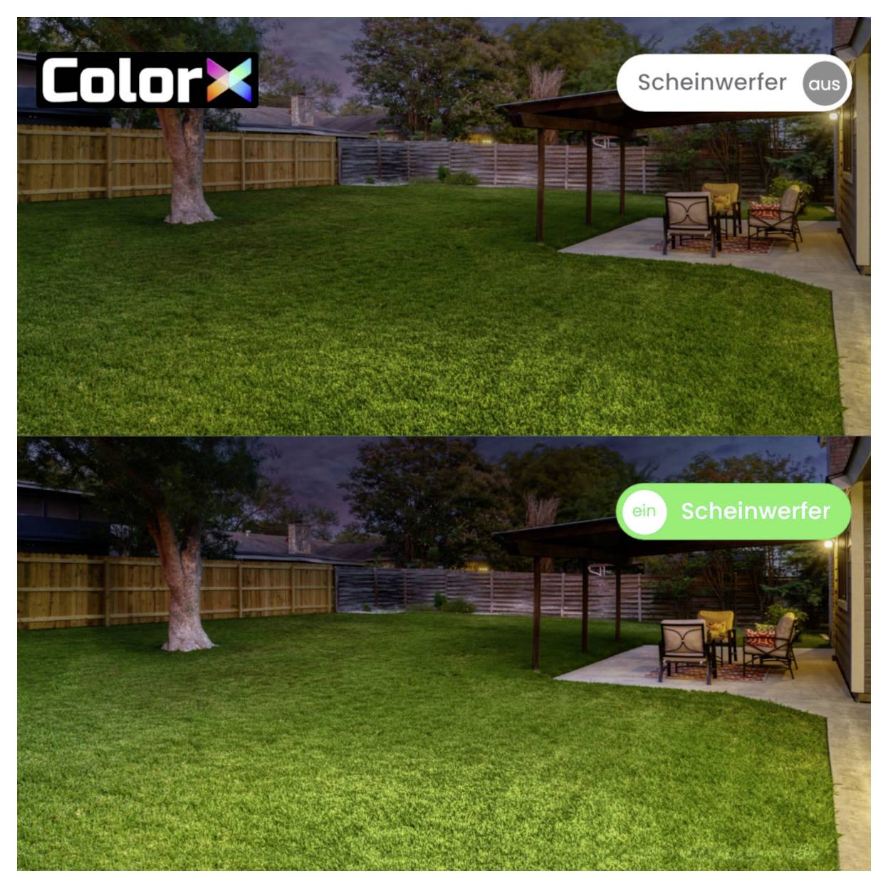 Zwei Bilder eines Gartens bei Nacht. Oben: kein Licht, dunkel. Unten: Garten mit Scheinwerfer beleuchtet, heller und lebendiger.