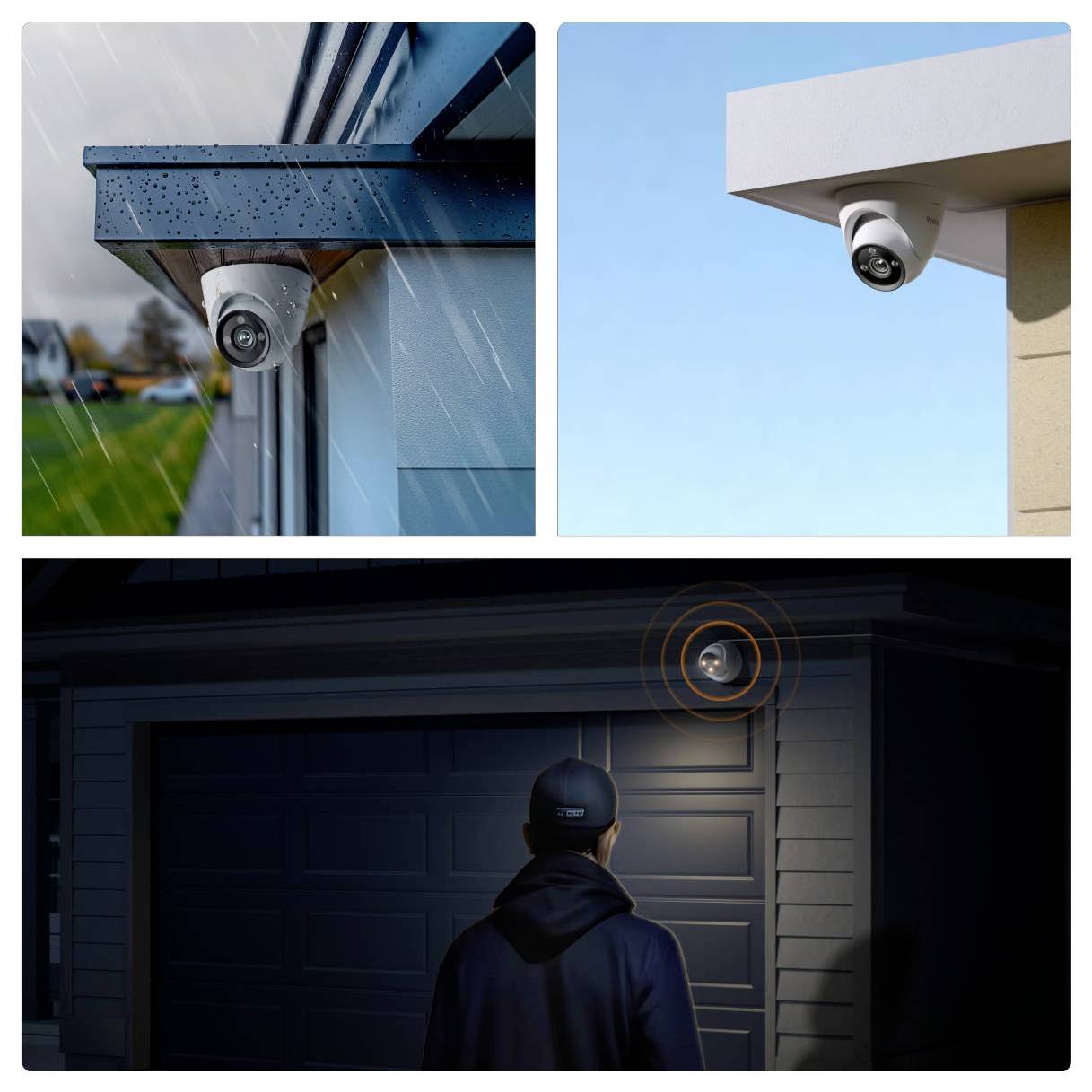 Zwei Überwachungskameras unter Dachvorsprüngen im Regen; eine Person in einer Mütze nähert sich nachts einer Garagentür, während eine Kamera aktiv ist.