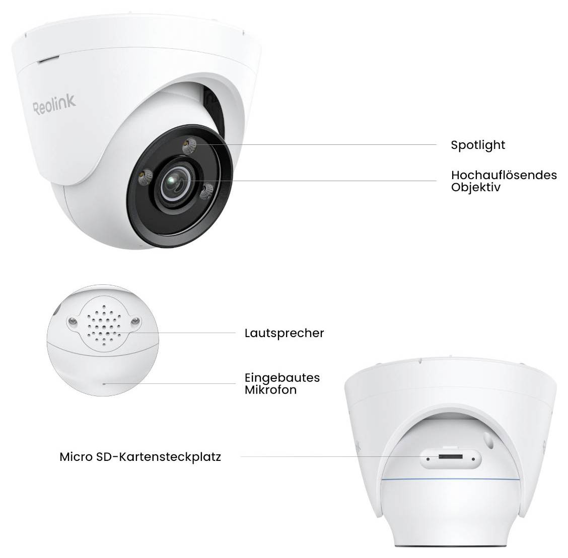 Sicherheitskamera mit Spotlight, hochauflösendem Objektiv, Lautsprecher, eingebautem Mikrofon und Micro SD-Kartensteckplatz.